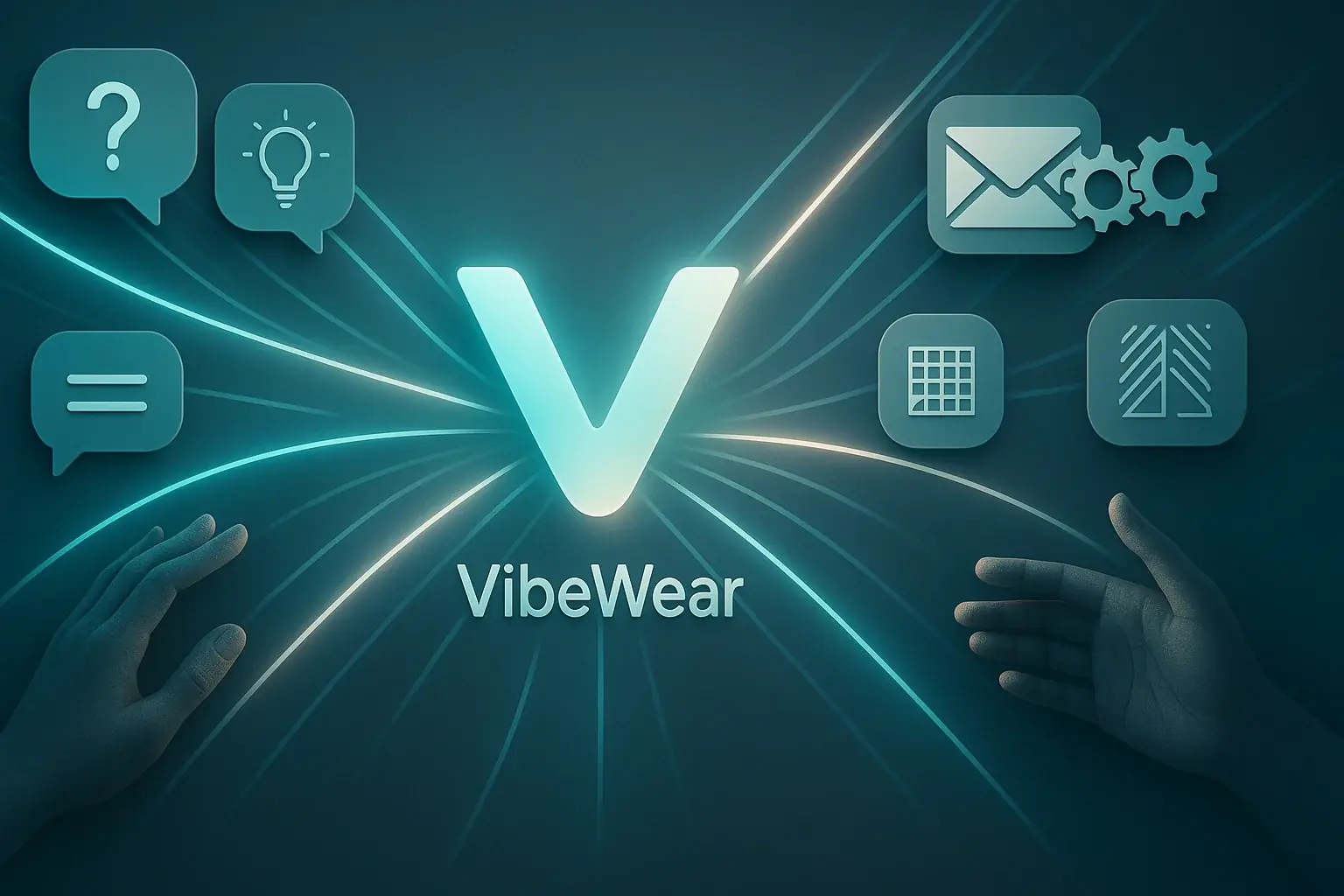 Hands, chat, email, social icons converge on VibeWear hub, showing direct lines for connection.