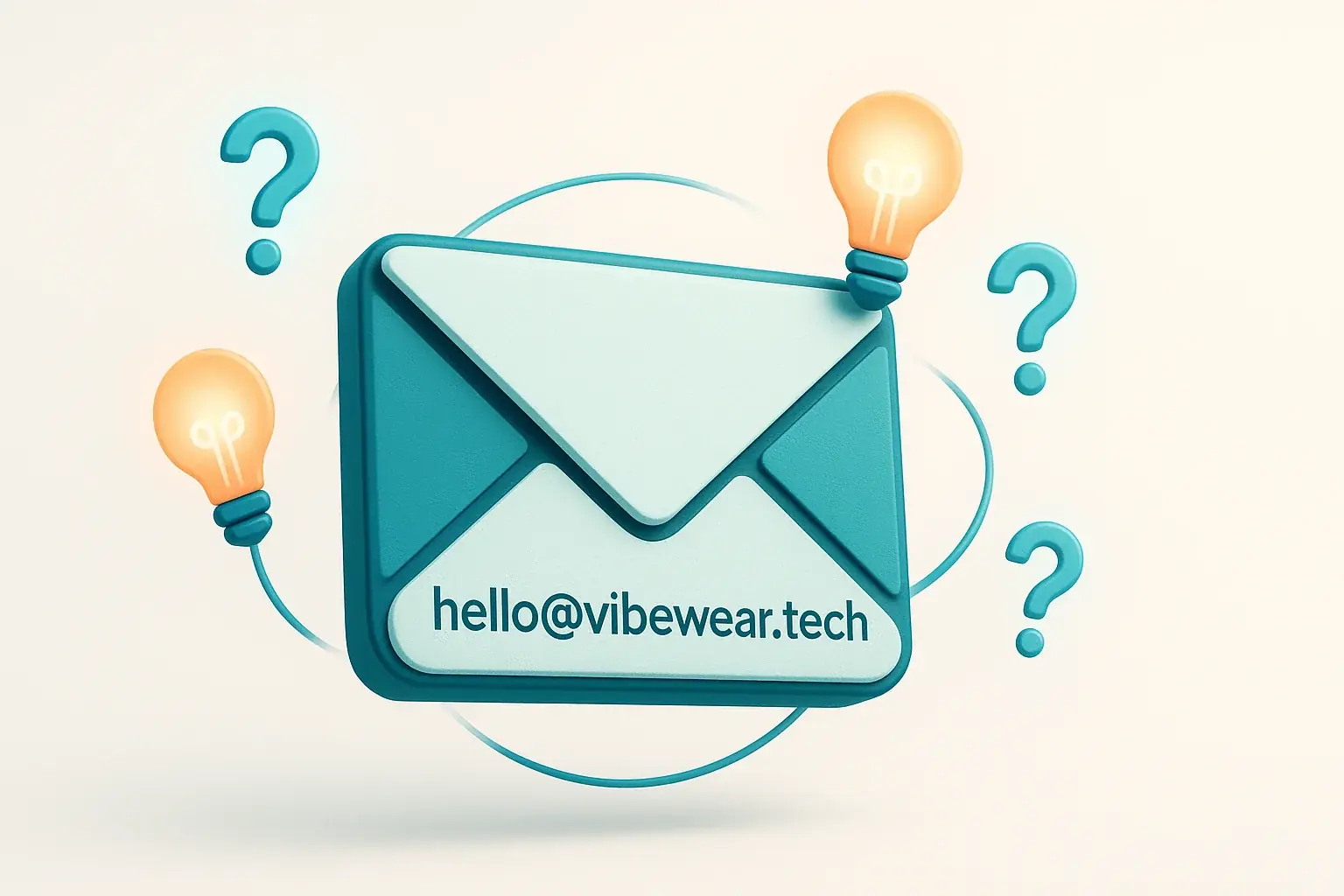 Stylized email icon, E-Ink texture, floating question marks & lightbulbs, symbolizing contact for inquiries, ideas & chat.