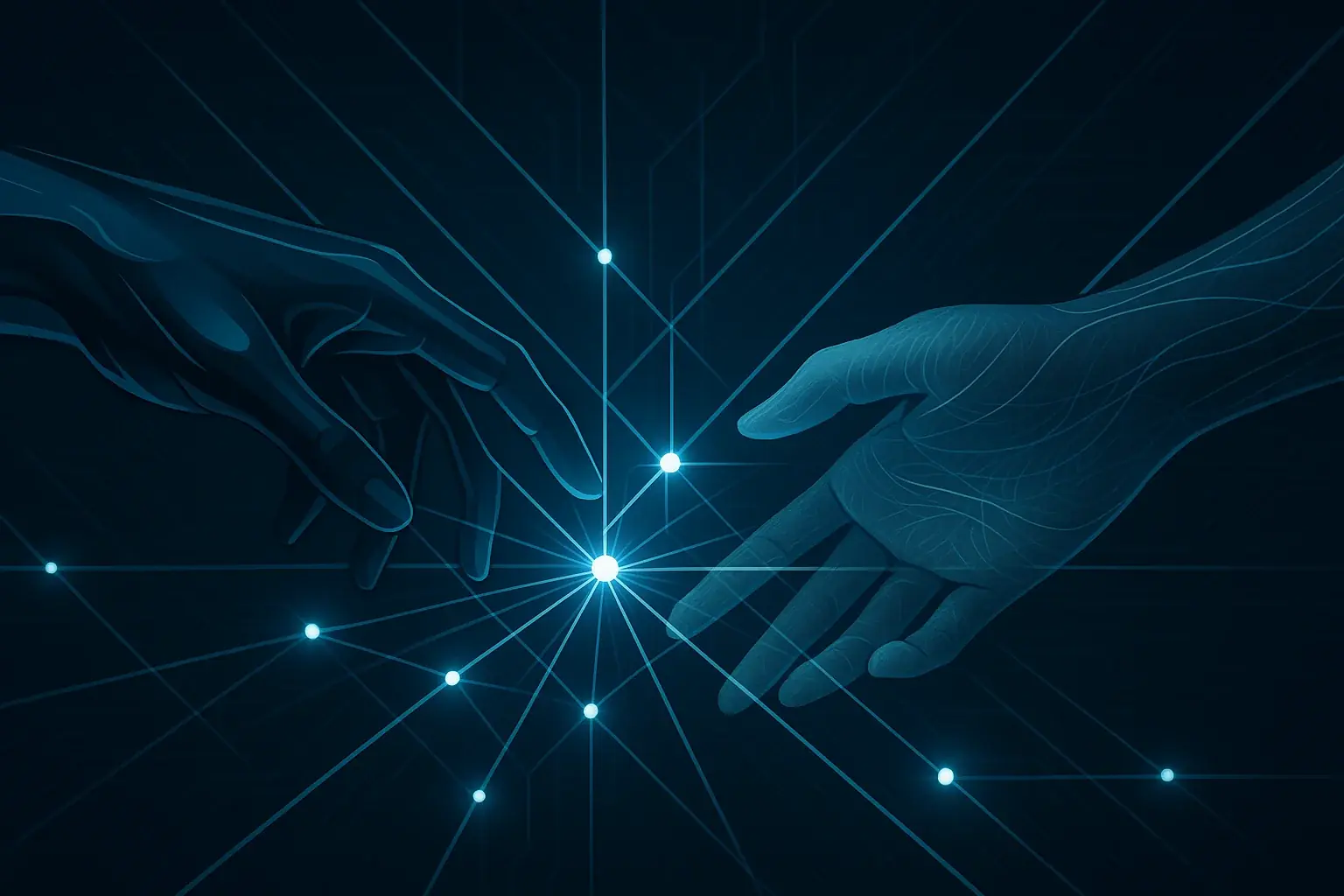 Abstract VibeWear & partner hands join via glowing lines & nodes, symbolizing collaborative adaptive fashion future.