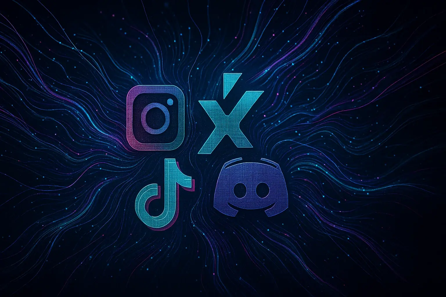 Abstract VibeWear social icons (Instagram, X/Twitter, TikTok, Discord) E-Ink patterns radiating, symbolizing our community.