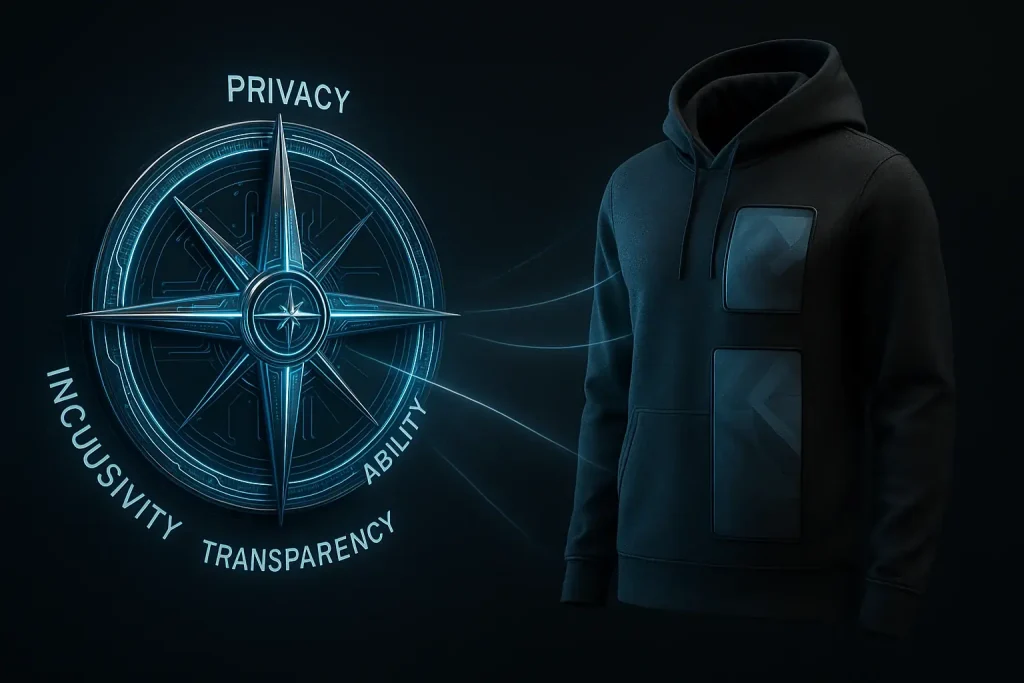 Stylized compass: Privacy, Data, Sustainability, Inclusivity guiding VibeWear's futuristic garment, showing its ethical