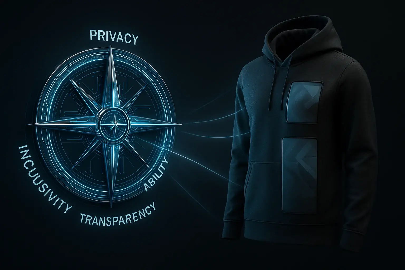 Stylized compass: Privacy, Data, Sustainability, Inclusivity guiding VibeWear's futuristic garment, showing its ethical