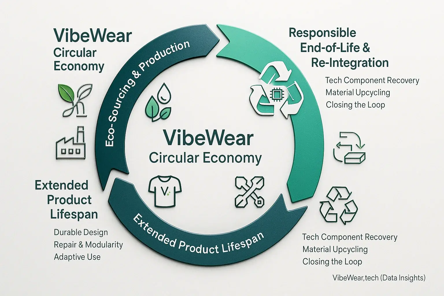 Infographic: VibeWear's circular economy for fashion—sustainable sourcing, long life, tech recycling.