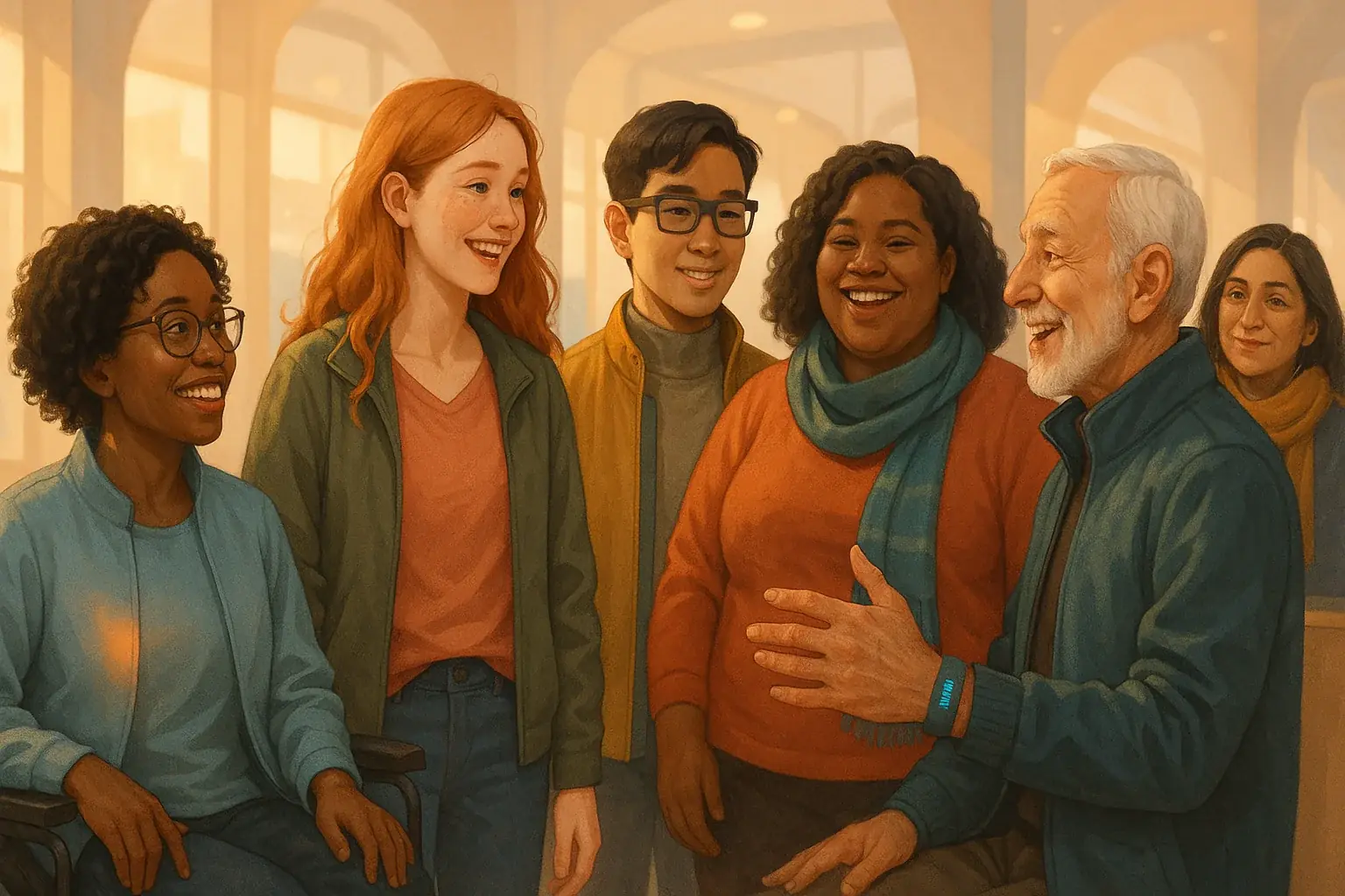 Illustration: Diverse people (ages, bodies, cultures) in subtly adaptive VibeWear, showing inclusive, accessible design.