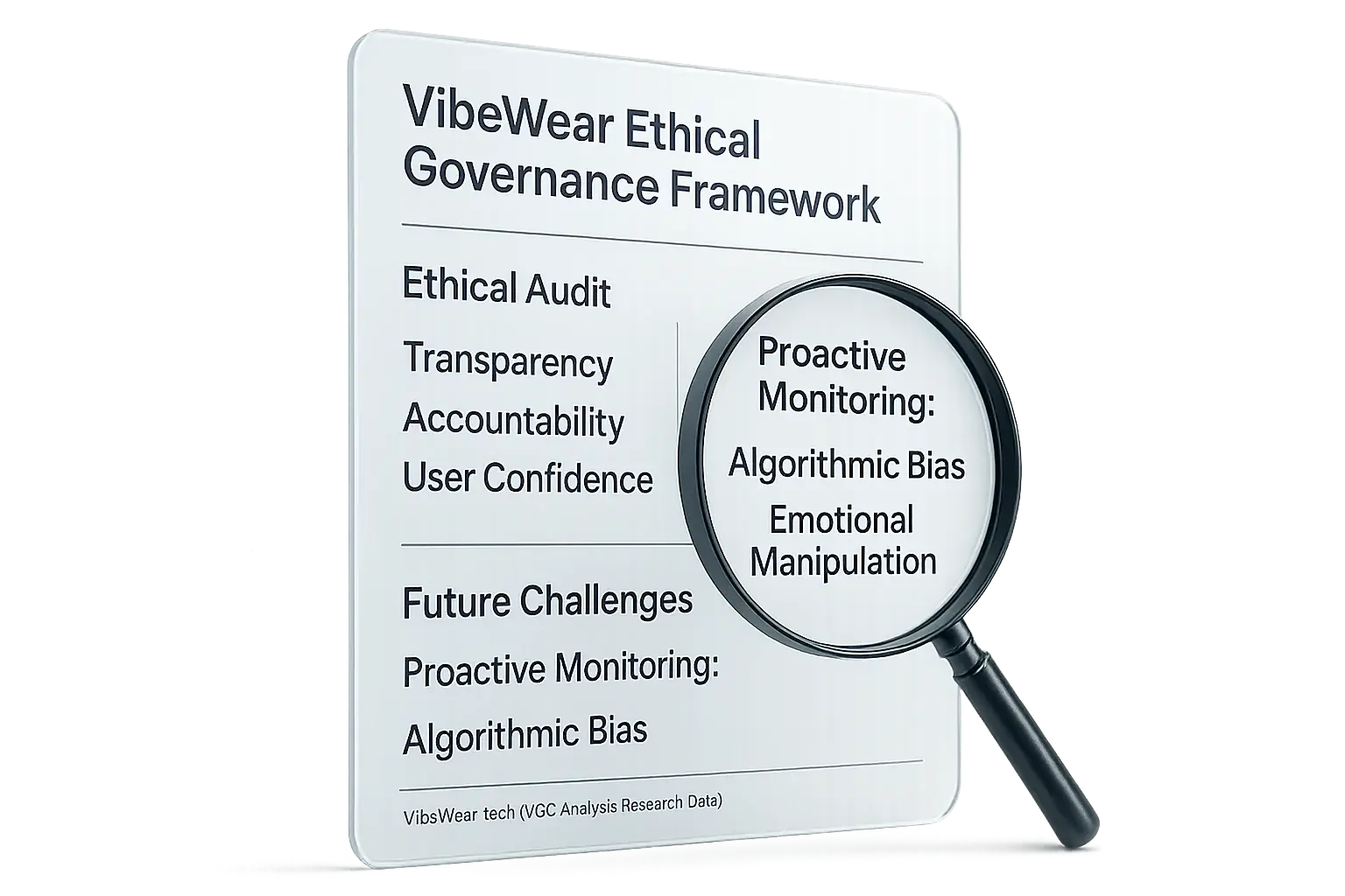 Infographic: Transparent report, 'Ethical Audit' & 'Future Challenges' magnified, showing VibeWear's ethical transparency &