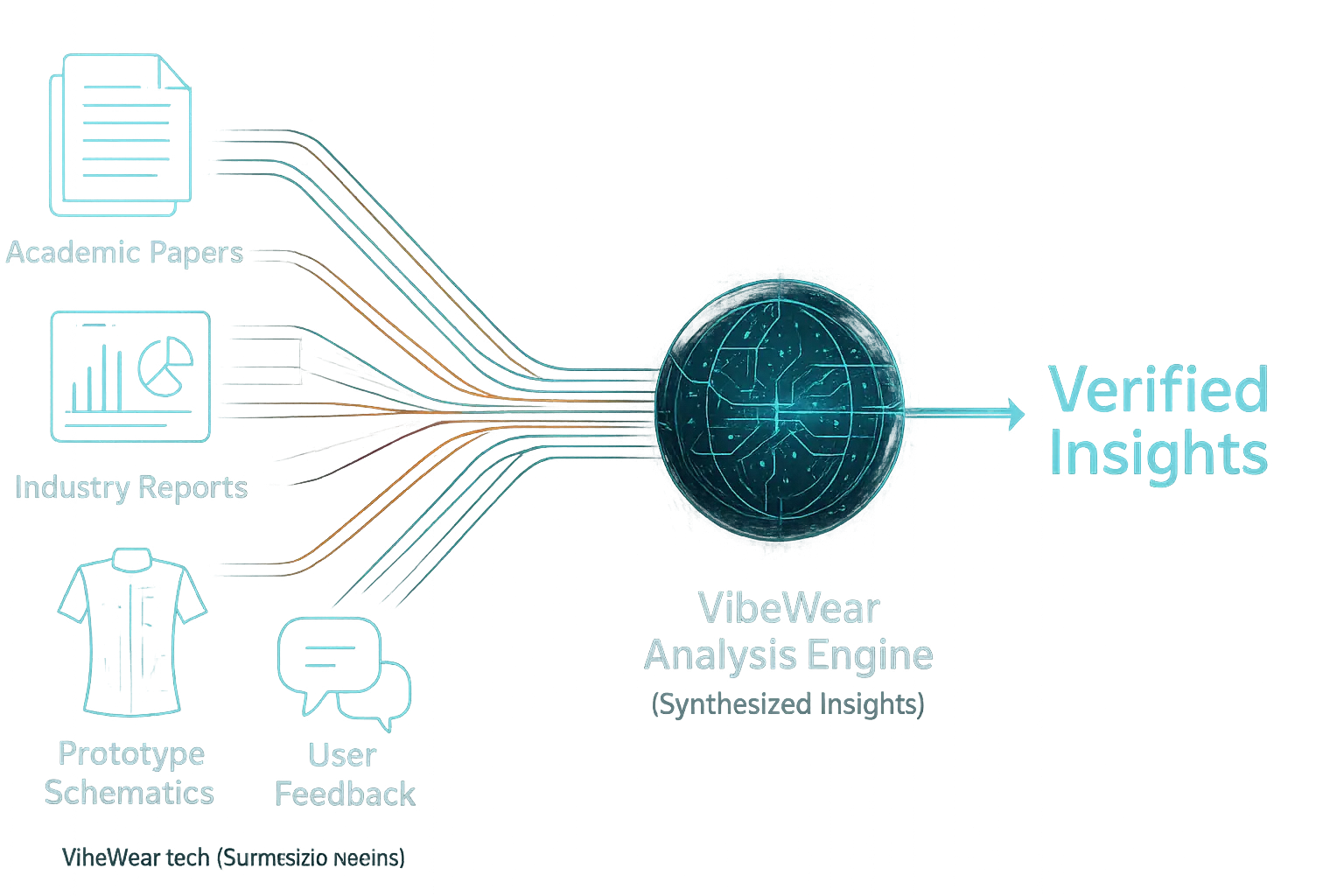 Diverse credible sources (papers, prototypes, reports, forums) funnel to VibeWear Analysis Engine for Verified Insights.