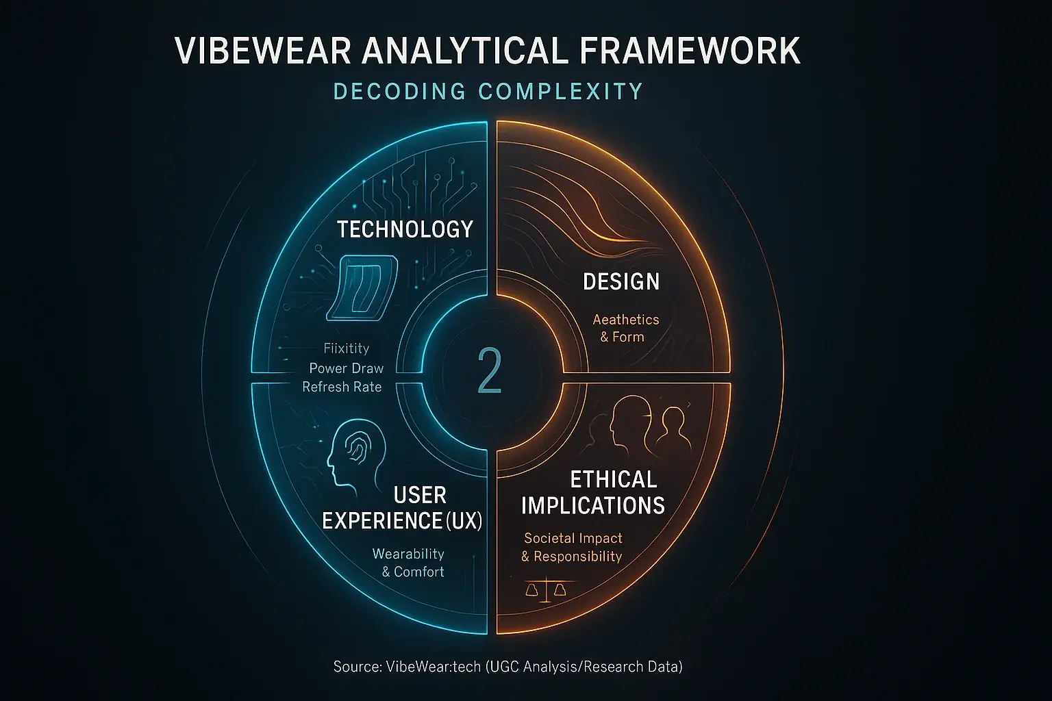 VibeWear's analytical framework diagram: interconnected tech, design, UX, ethics forming a holistic process for decoding