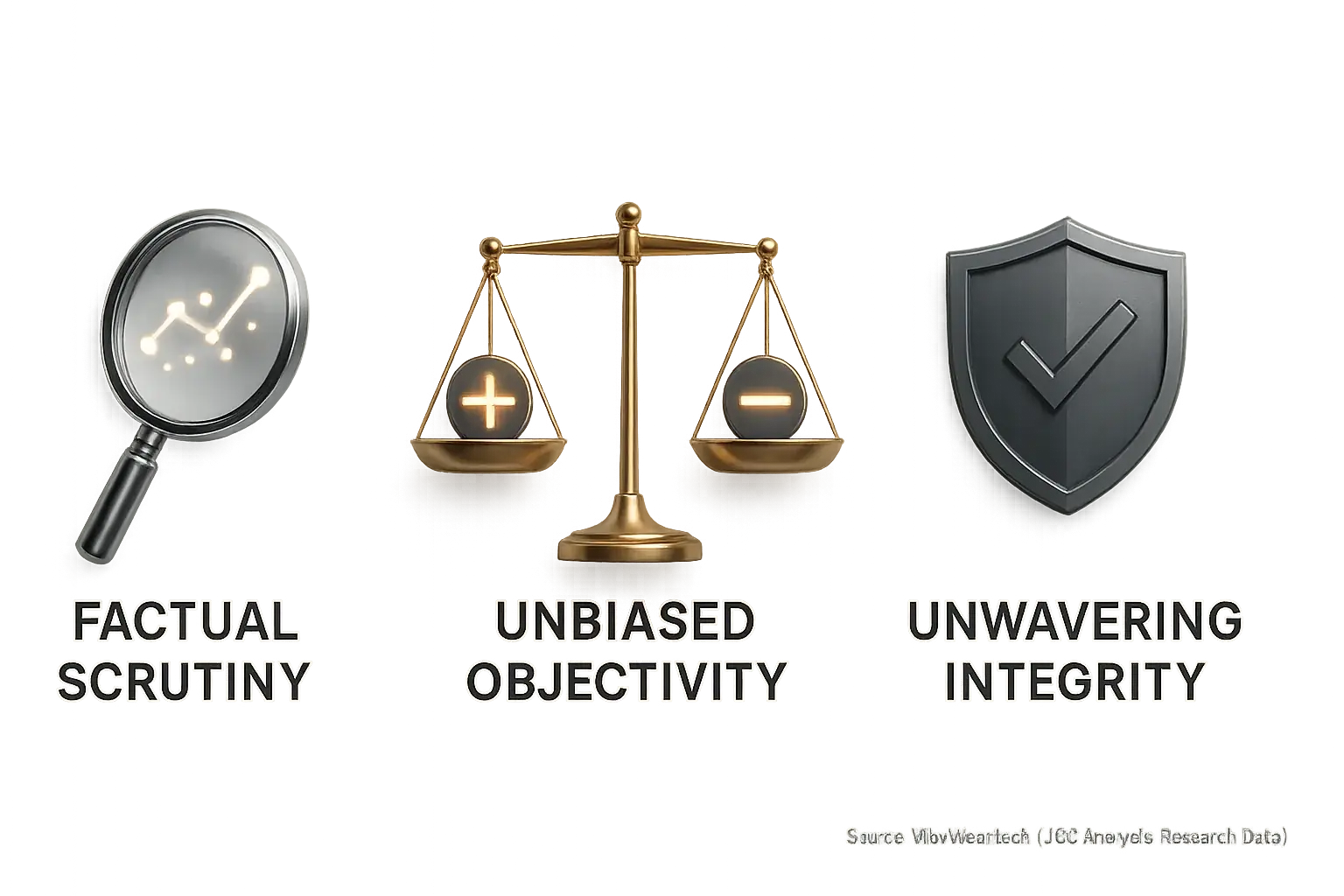 Magnifying glass over 'facts', balanced scale for objectivity, shield for integrity: icons representing core principles.