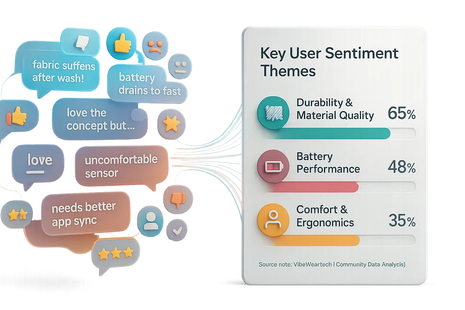 Infographic: Synthesizing diverse user comments from cloud to clear sentiment charts & key quotes.