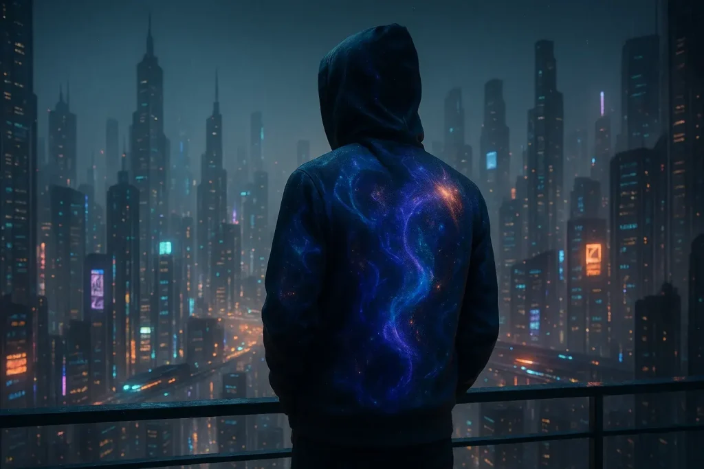 VibeWear hoodie's E-Ink patterns reflect emotions & environment, merging wearer into a futuristic cityscape.
