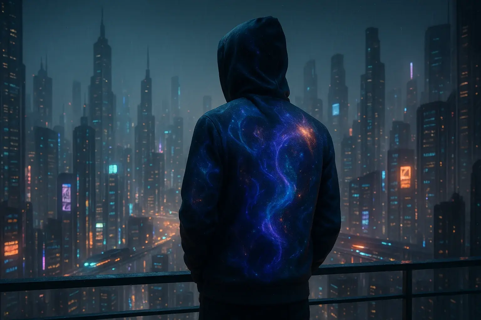 VibeWear hoodie's E-Ink patterns reflect emotions & environment, merging wearer into a futuristic cityscape.