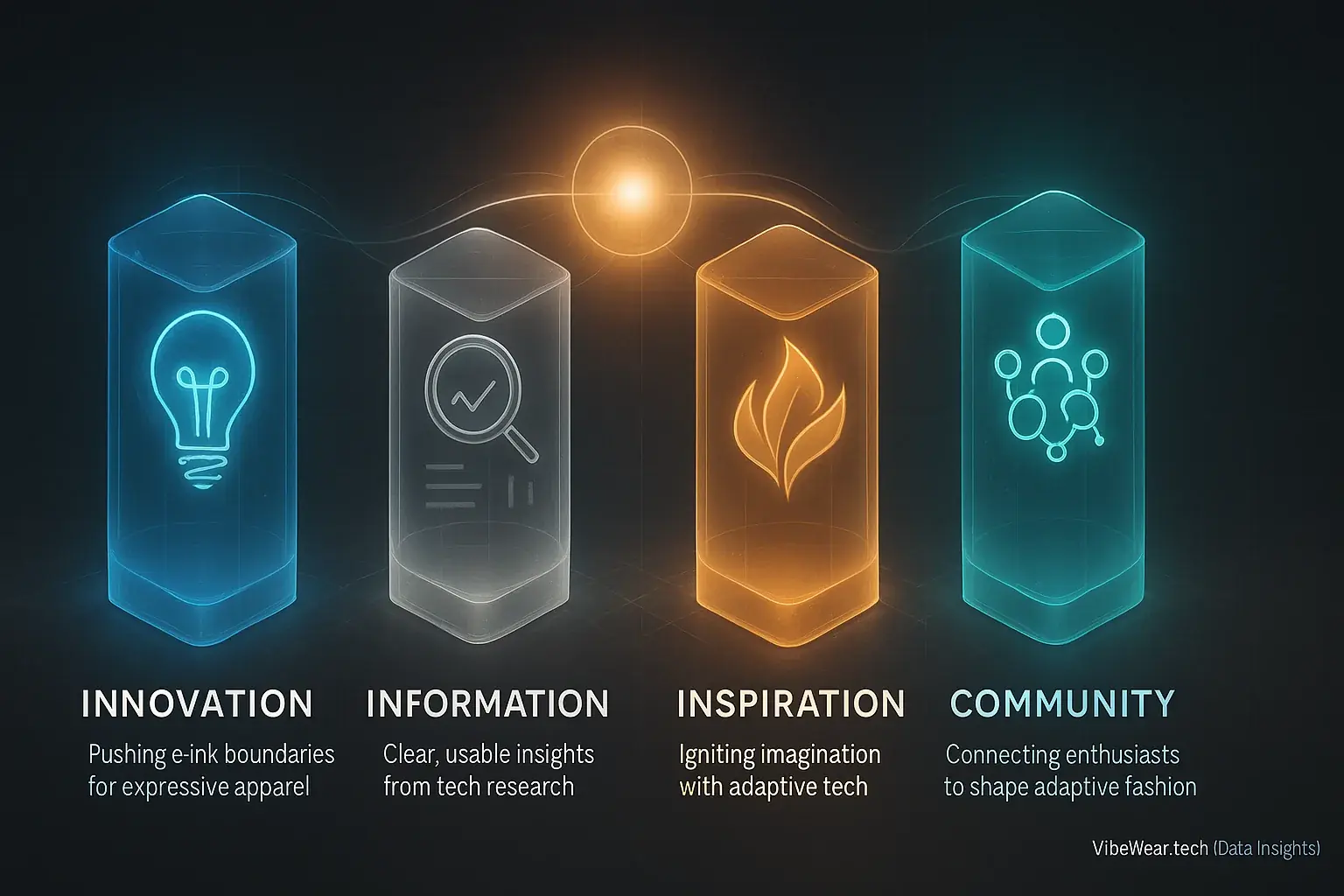 Infographic: VibeWear's 4 mission pillars (Innovation, Information, Inspiration, Community) interconnected for adaptive