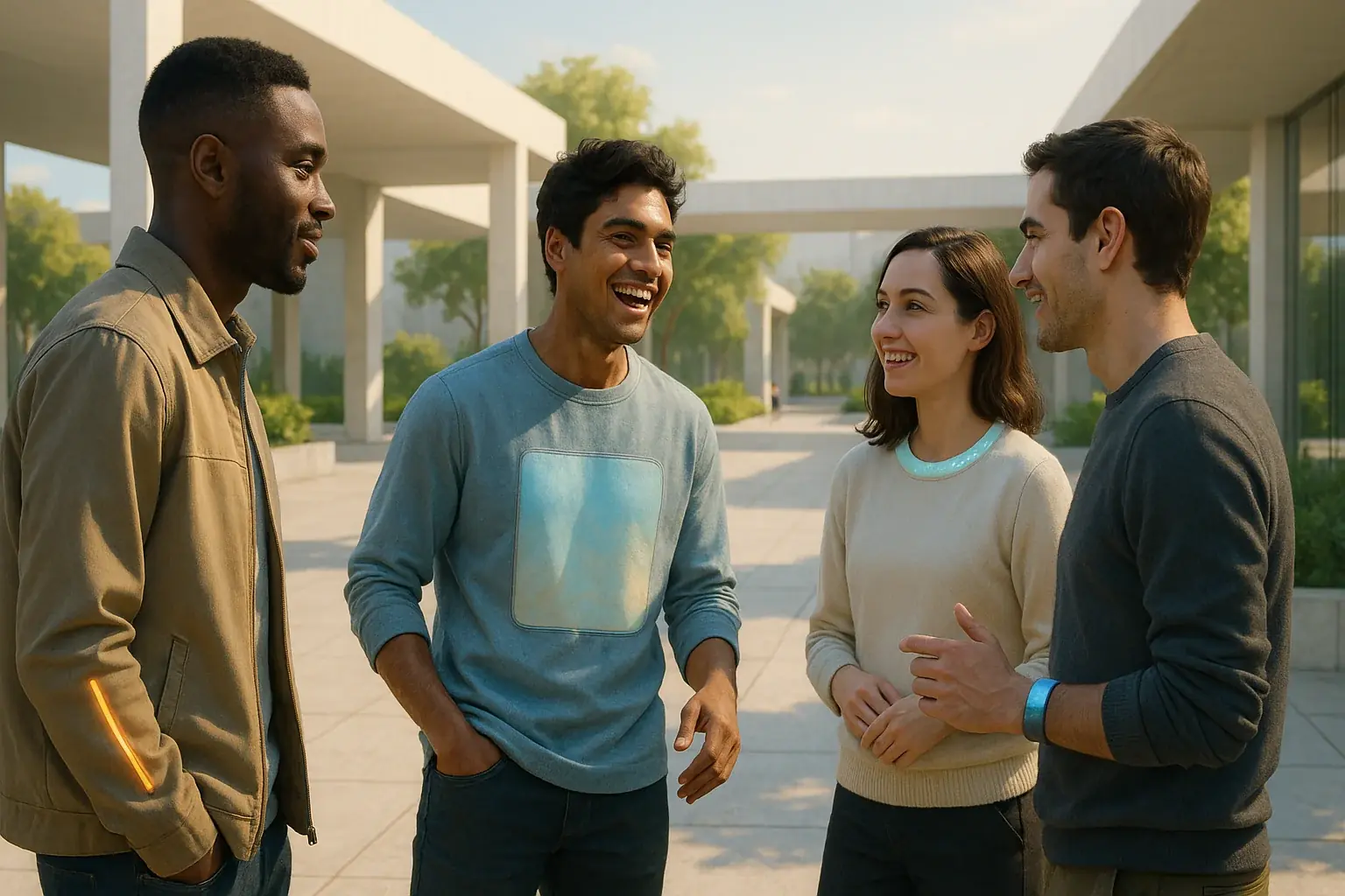 Diverse group connects, subtle VibeWear enhancing their shared understanding and positive social interaction.