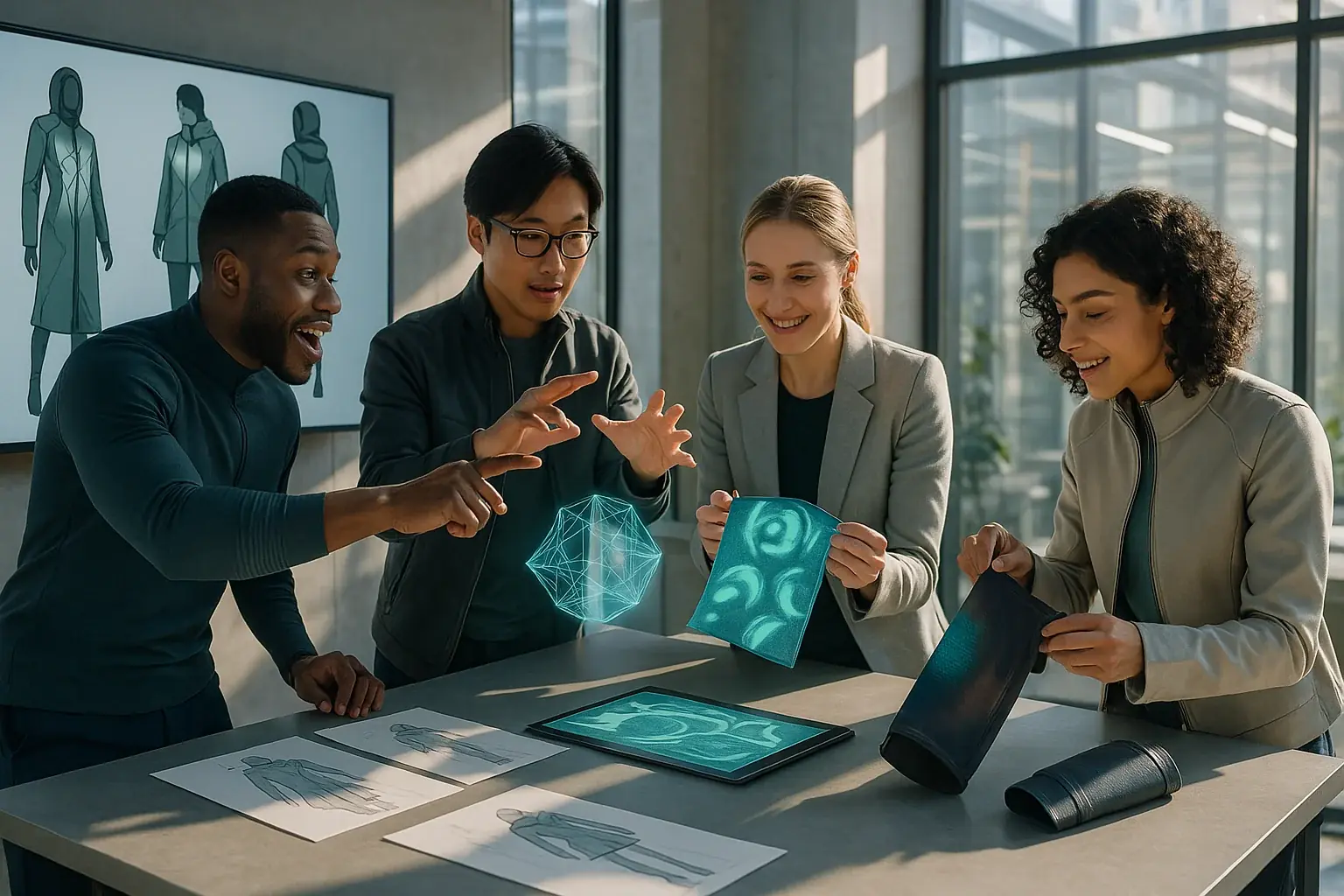 Diverse, passionate VibeWear visionaries collaborating in a futuristic studio with E-Ink displays and fashion sketches.