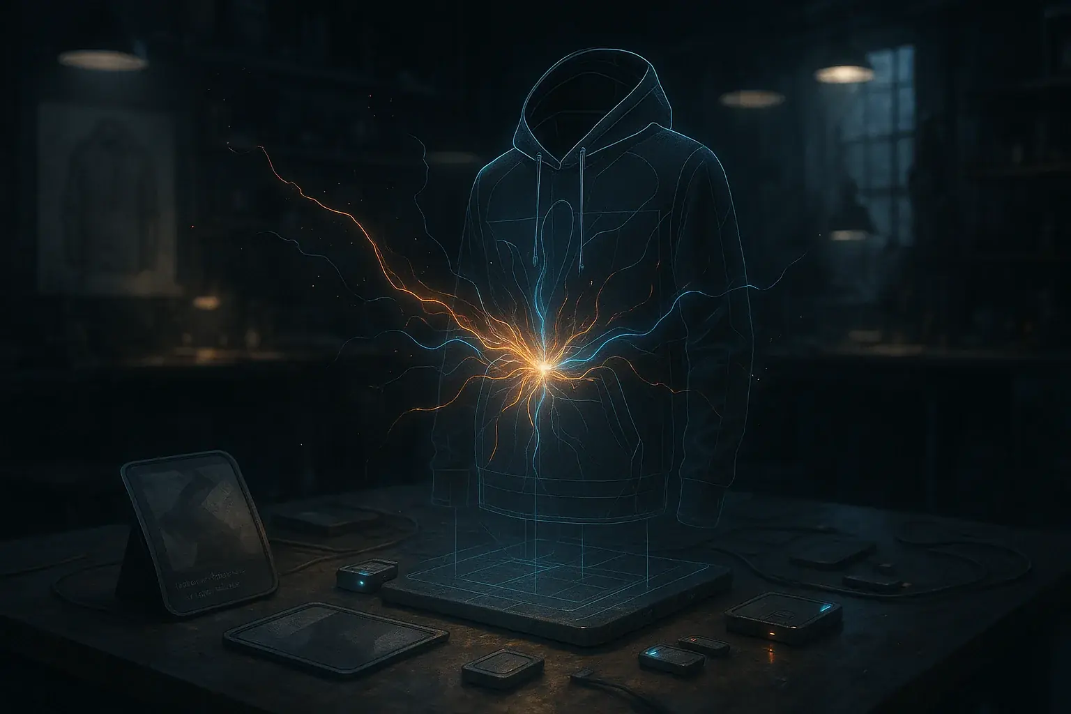 Futuristic garment sketch on designer's desk emits glowing idea spark, surrounded by E-Ink and sensors, igniting apparel's