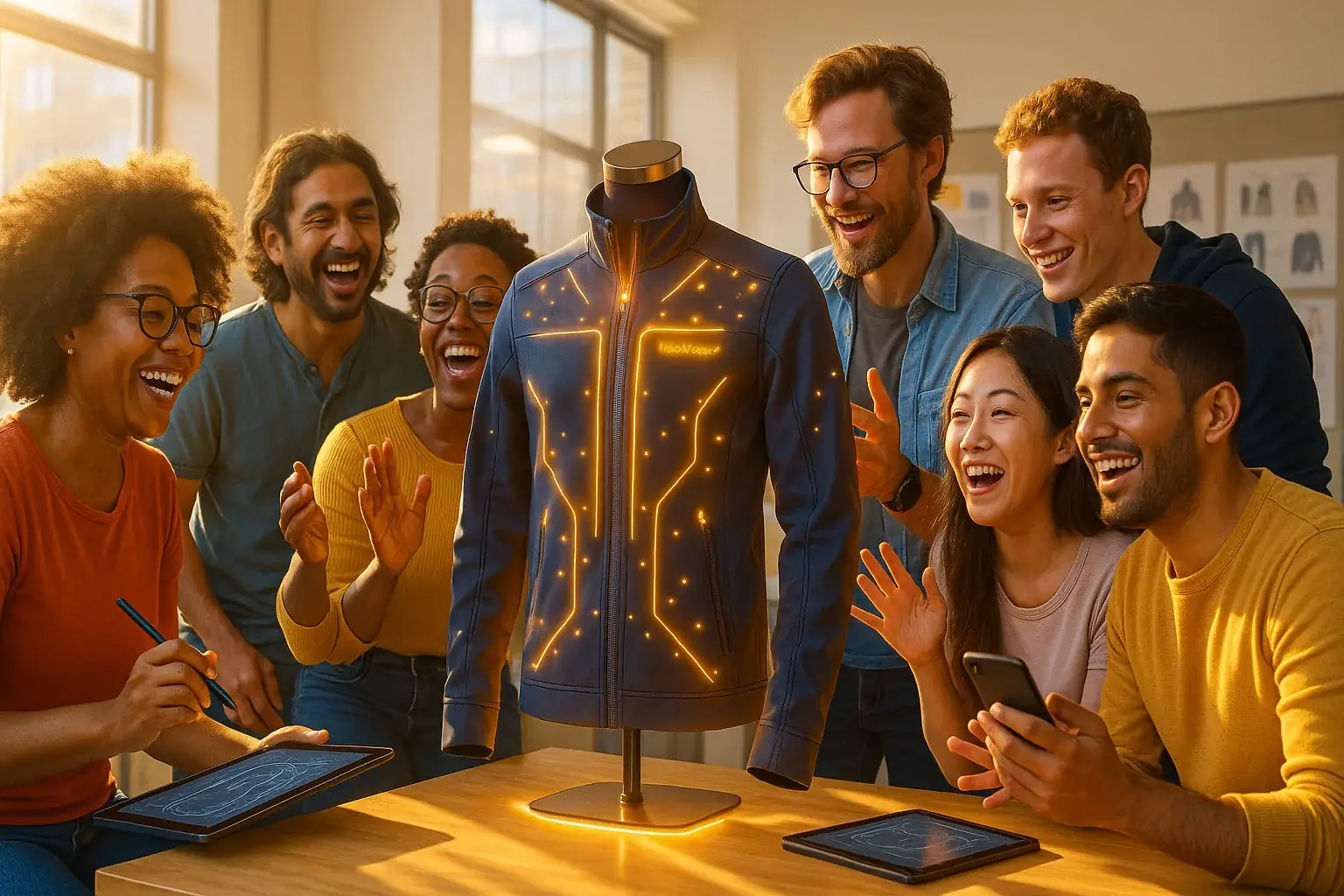 Diverse designers, tech enthusiasts, and users joyfully connect around VibeWear, building a vibrant, passionate community.
