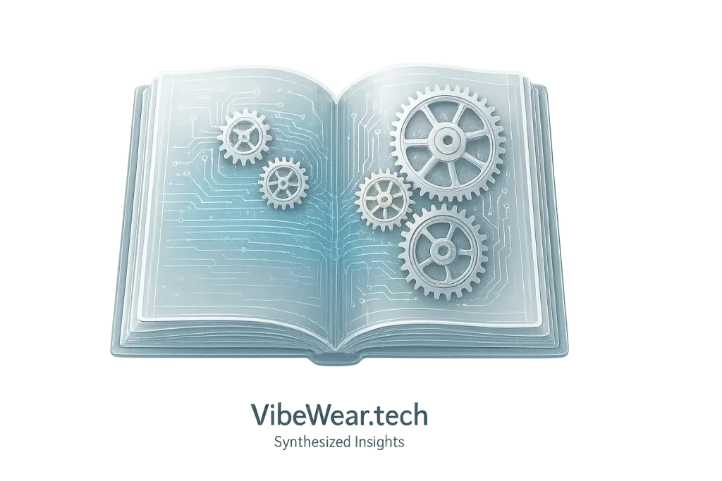 Transparent open book revealing gears & circuits, symbolizing VibeWear's clear, open fashion tech.
