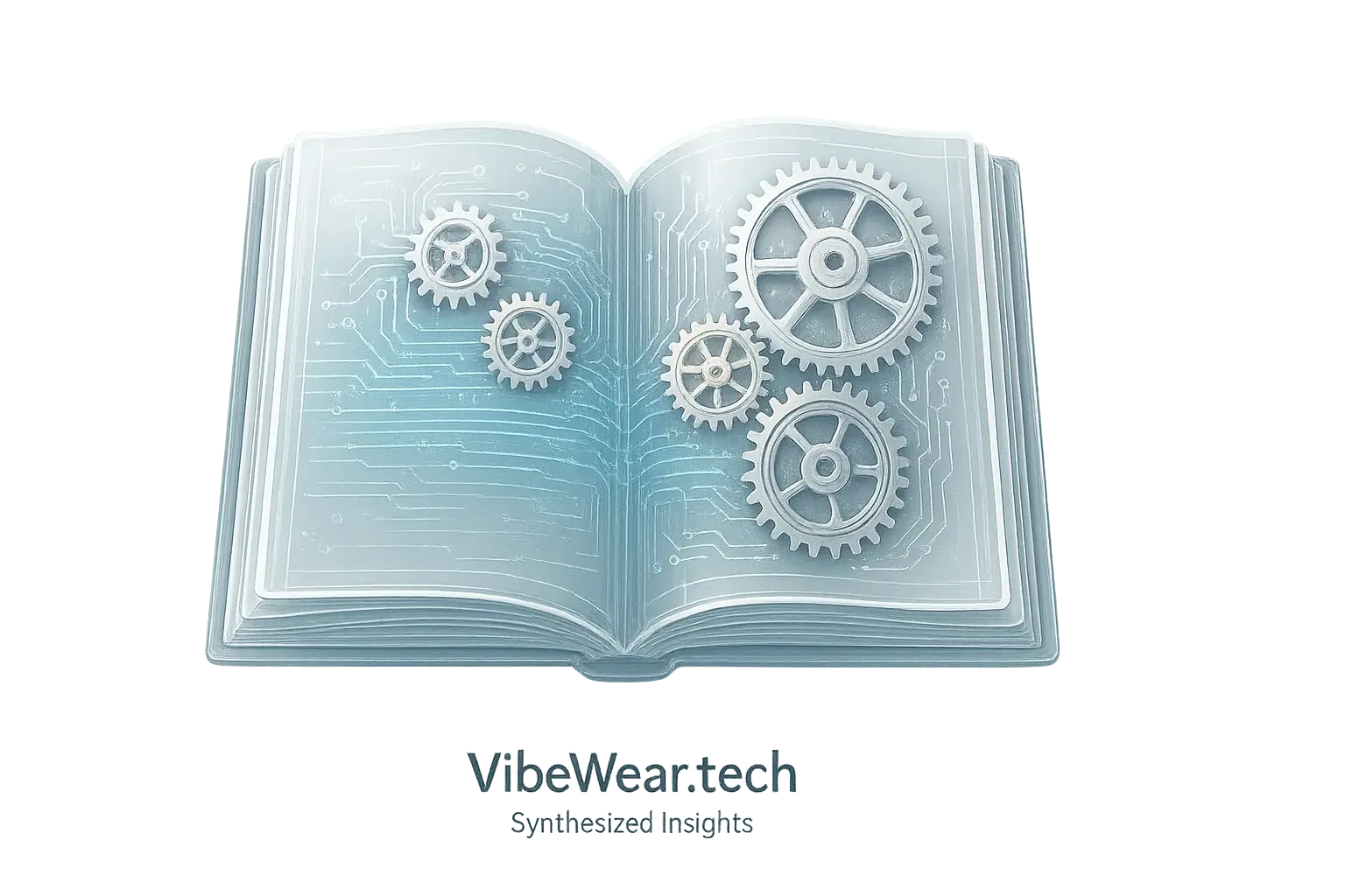 Transparent open book revealing gears & circuits, symbolizing VibeWear's clear, open fashion tech.