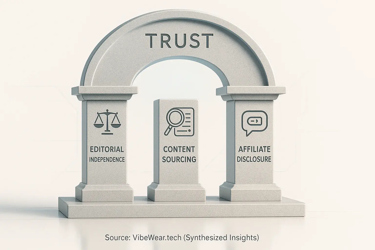 Infographic: 'Trust' archway built on three pillars: Editorial Independence, Content Sourcing, Affiliate Disclosure—our