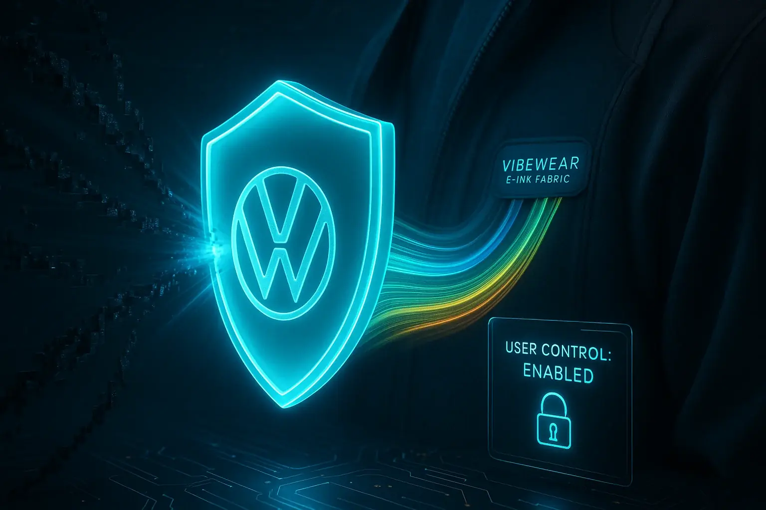 Stylized shield protecting flowing data streams, VibeWear's promise of your data privacy, security, and control.