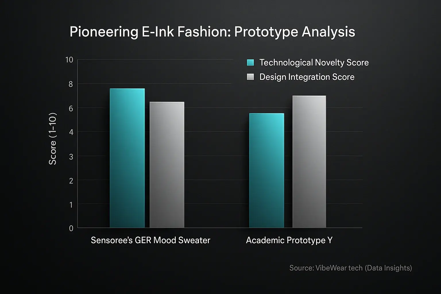 Bar chart: Sensoree&#x27;s GER Mood Sweater vs Academic Prototype Y on technological novelty &amp; design integration scores.