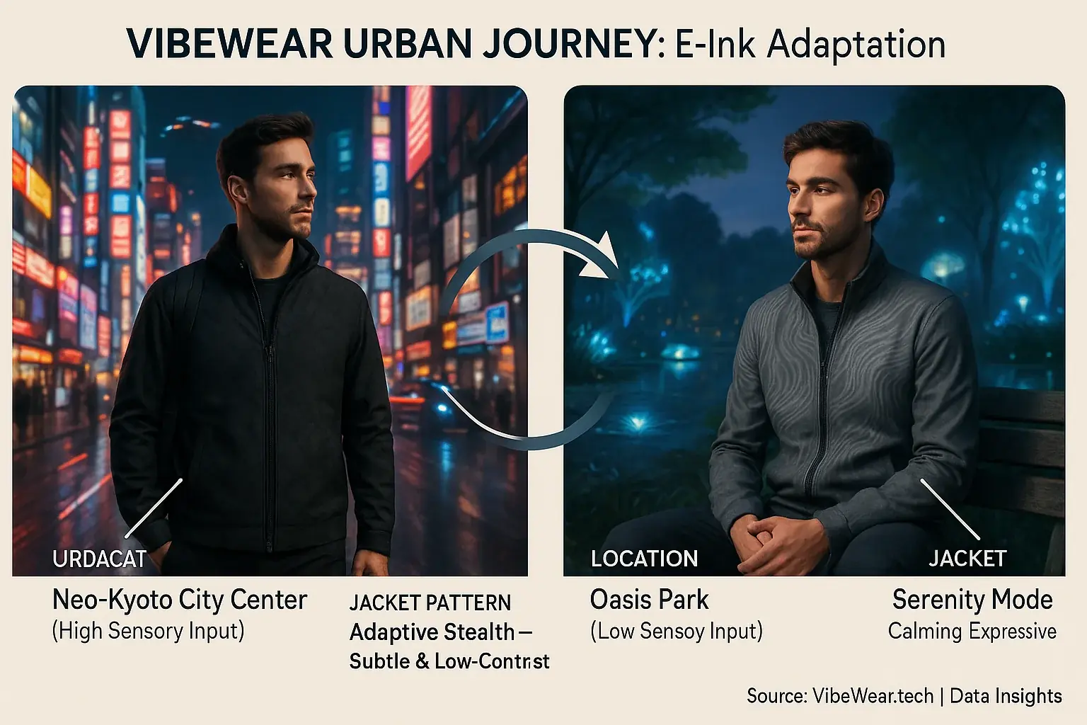 Infographic: Urban user journey with E-Ink streetwear. Patterns shift with environment: city lights (subtle), park (calming).