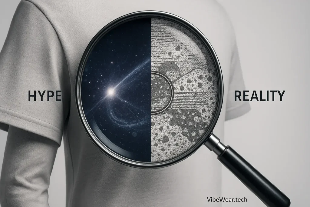 Stylized magnifying glass examines VibeWear, separating 'Hype' from 'Reality,' highlighting the need for a fashion 'Vibe