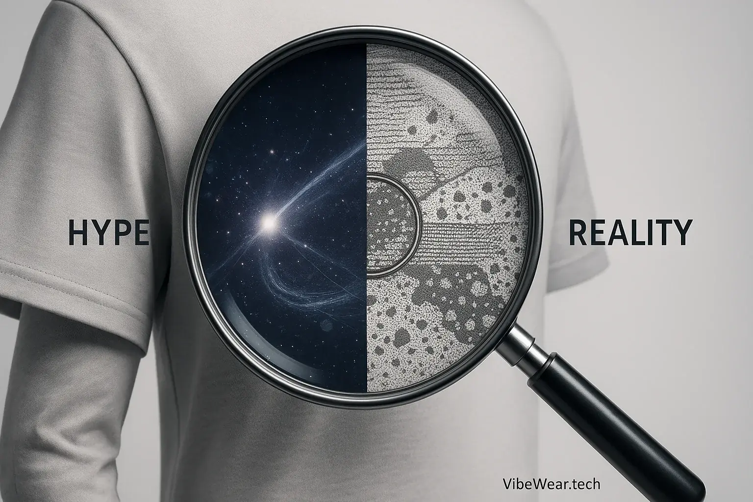 Stylized magnifying glass examines VibeWear, separating &#x27;Hype&#x27; from &#x27;Reality,&#x27; highlighting the need for a fashion &#x27;Vibe
