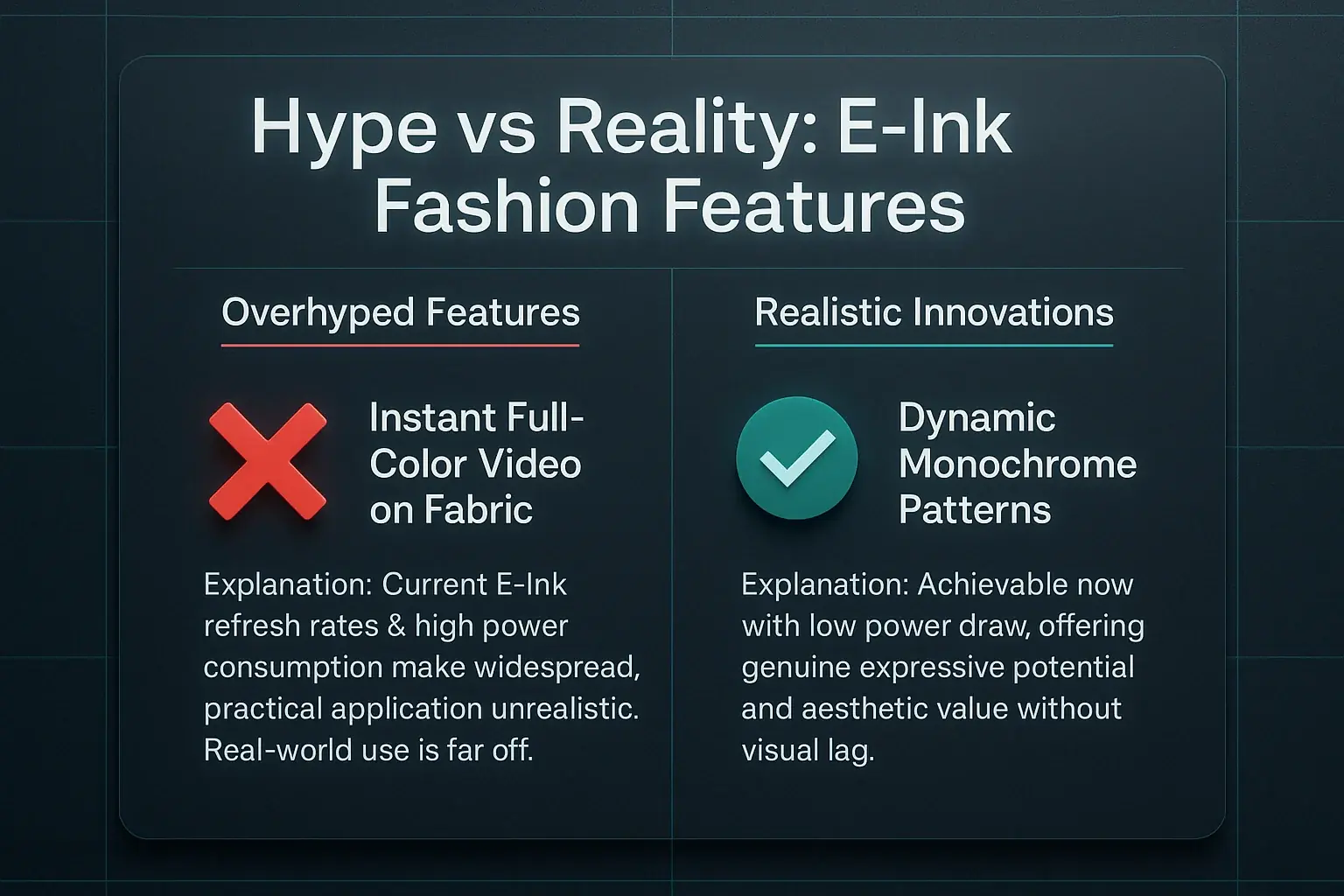 E-Ink fashion: Table contrasts hyped features (crosses) like full-color change with real innovations (checks) like patterns.