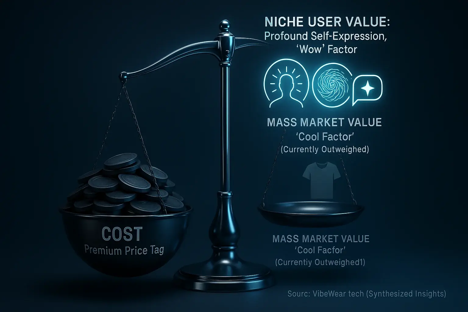 Scale: E-Ink fashion&#x27;s cost (coins) outweighs value (icons: expression, uniqueness) for mass market, yet high for niche