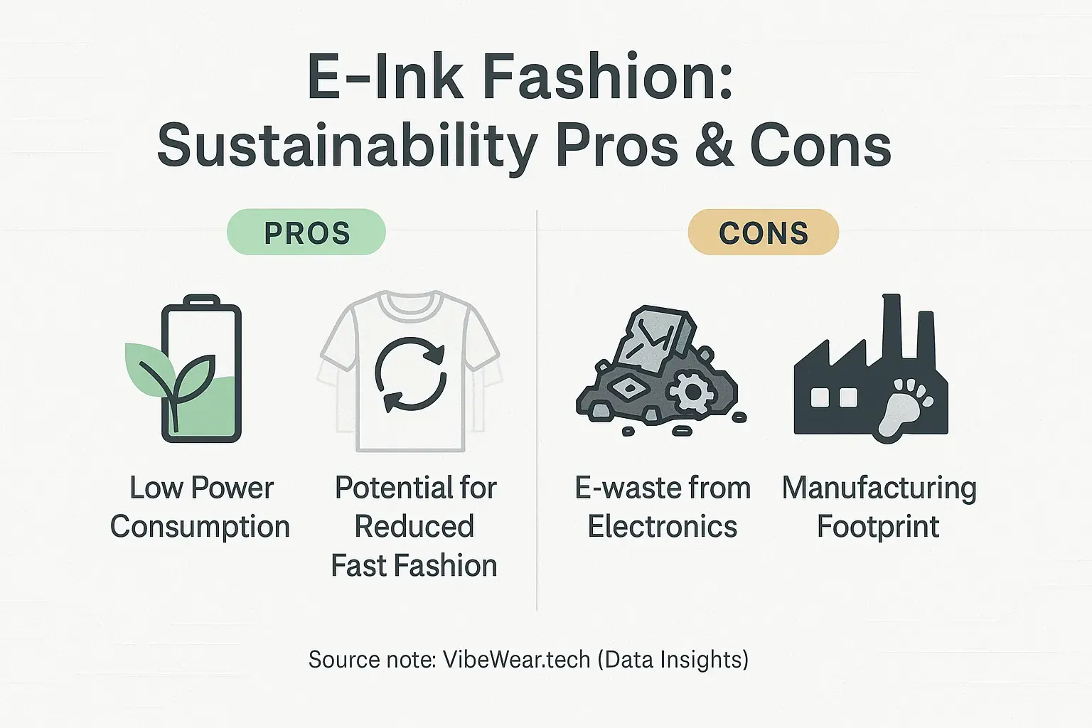 E-Ink sustainability: Pros (low power, reduced fast fashion) vs Cons (e-waste, manufacturing footprint) on a balance scale.