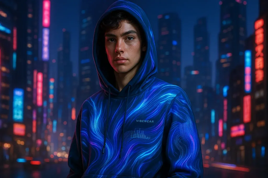 Person in mood-adaptive E-Ink streetwear with flowing patterns in a futuristic city, embodying fashion's expressive new