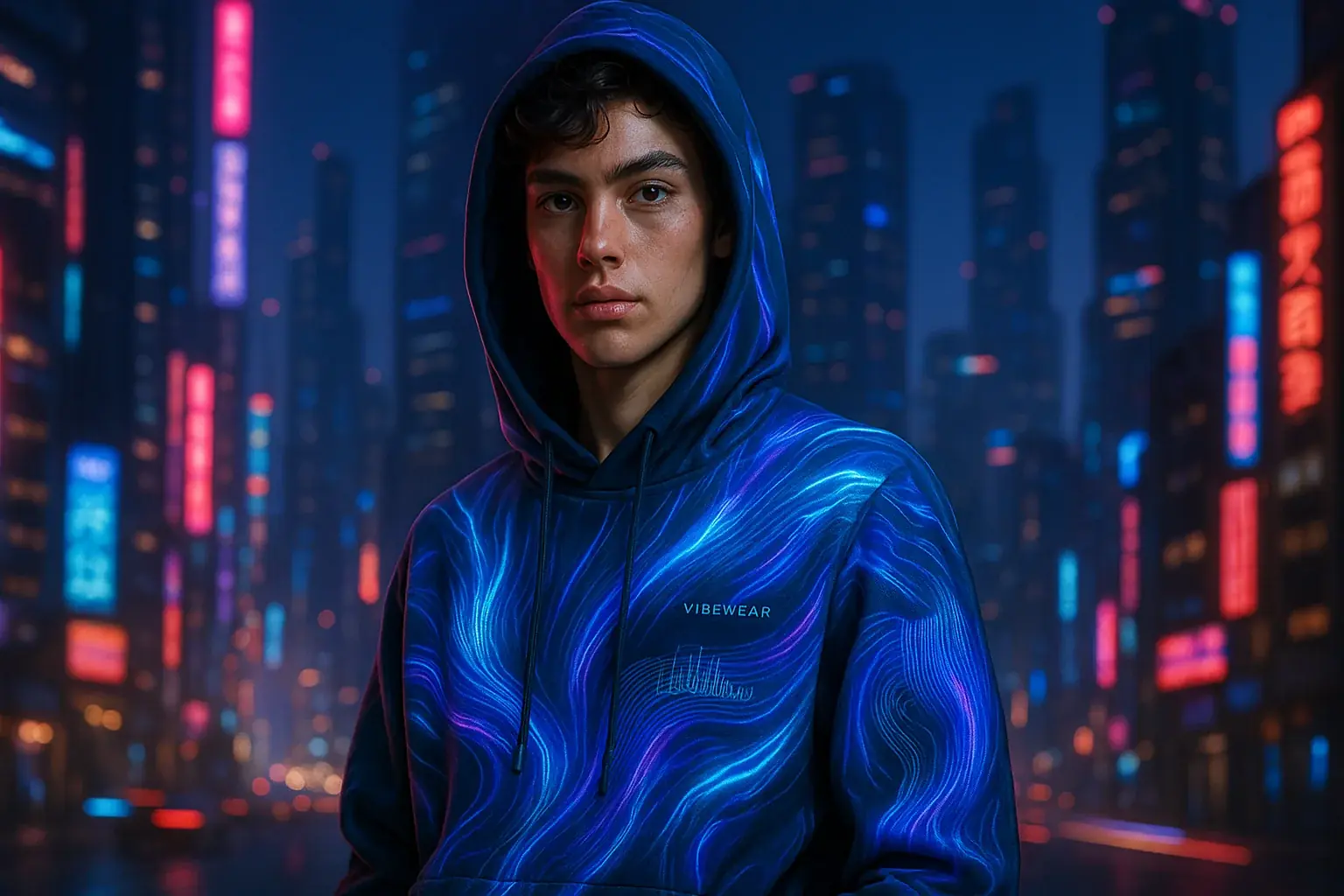 Person in mood-adaptive E-Ink streetwear with flowing patterns in a futuristic city, embodying fashion&#x27;s expressive new
