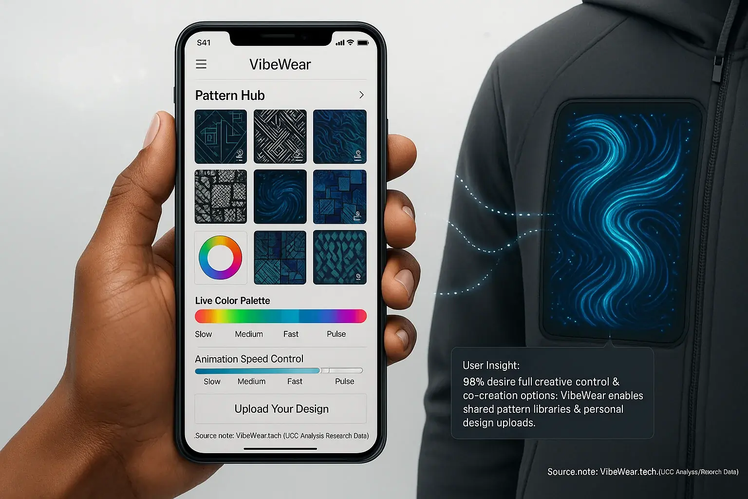 Infographic: User takes control of their VibeWear E-Ink garment design via app, selecting patterns, colors, animation.