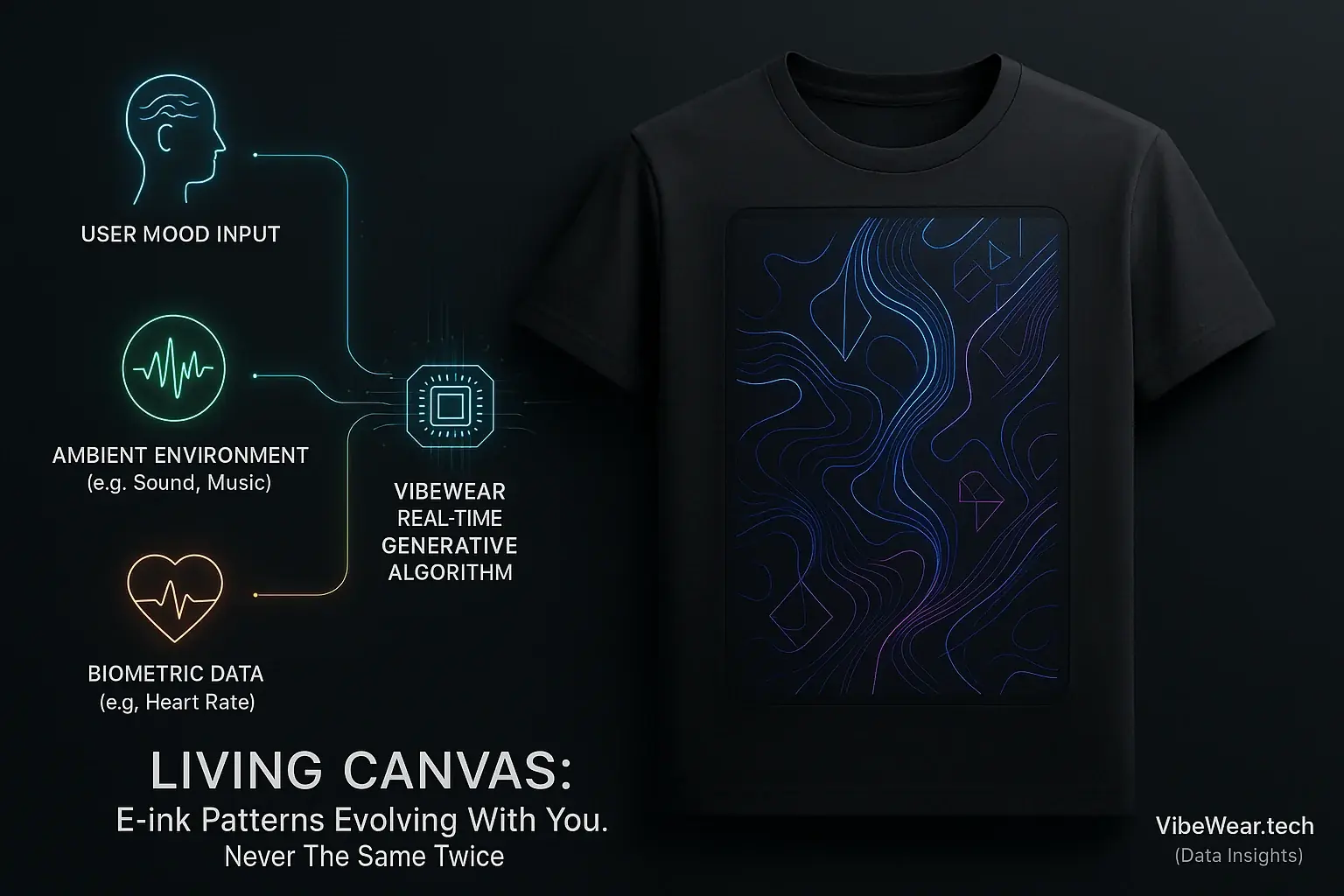 Abstract, flowing, futuristic E-Ink patterns evolve on clothing, generated by algorithms from mood/environment.