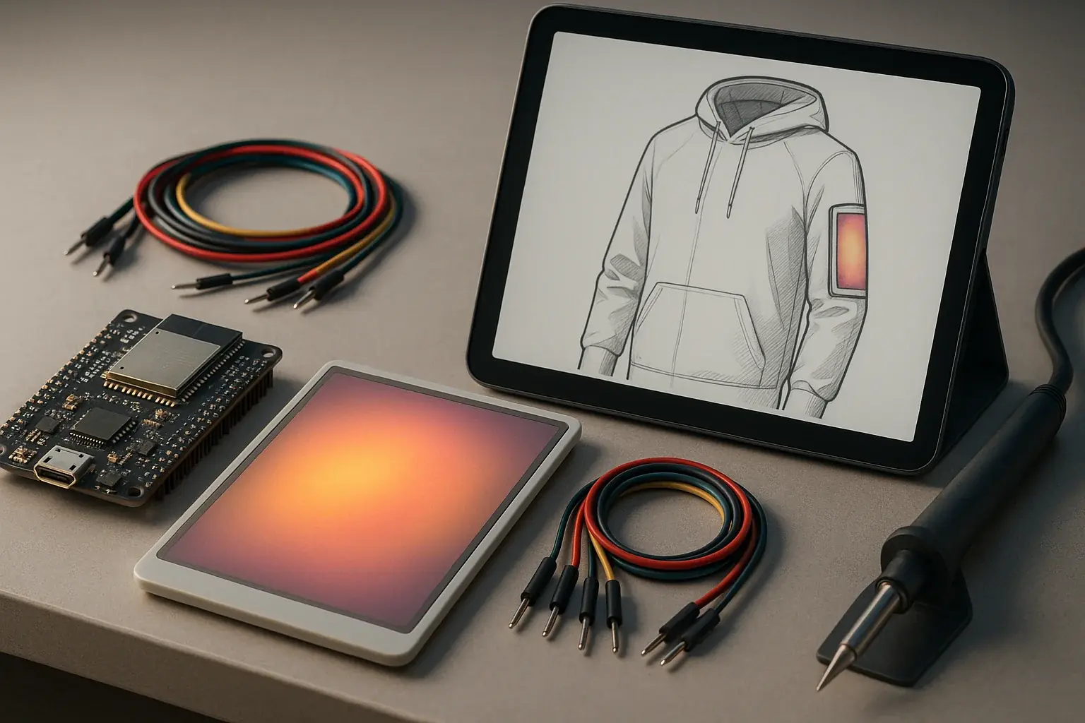 Stylized maker's workbench: microcontroller, E-Ink screen, tools ready for your VibeWear DIY electronics journey.