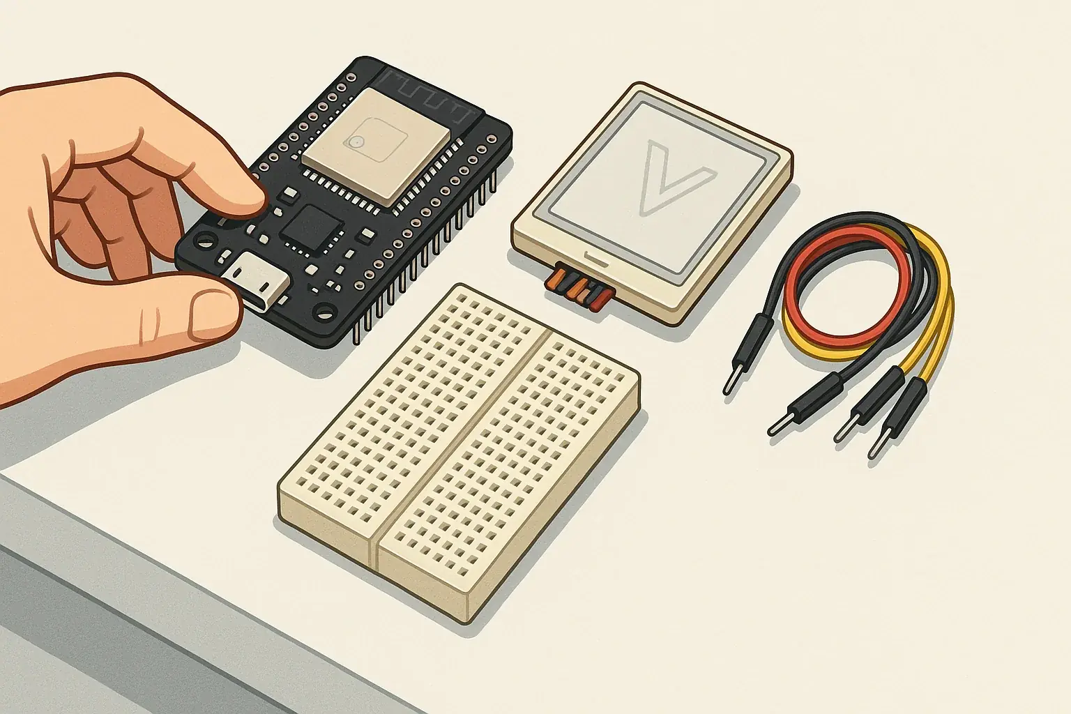 Maker's hand arranging basic electronic parts for a wearable tech project: microcontroller, E-Ink screen, wires, breadboard.