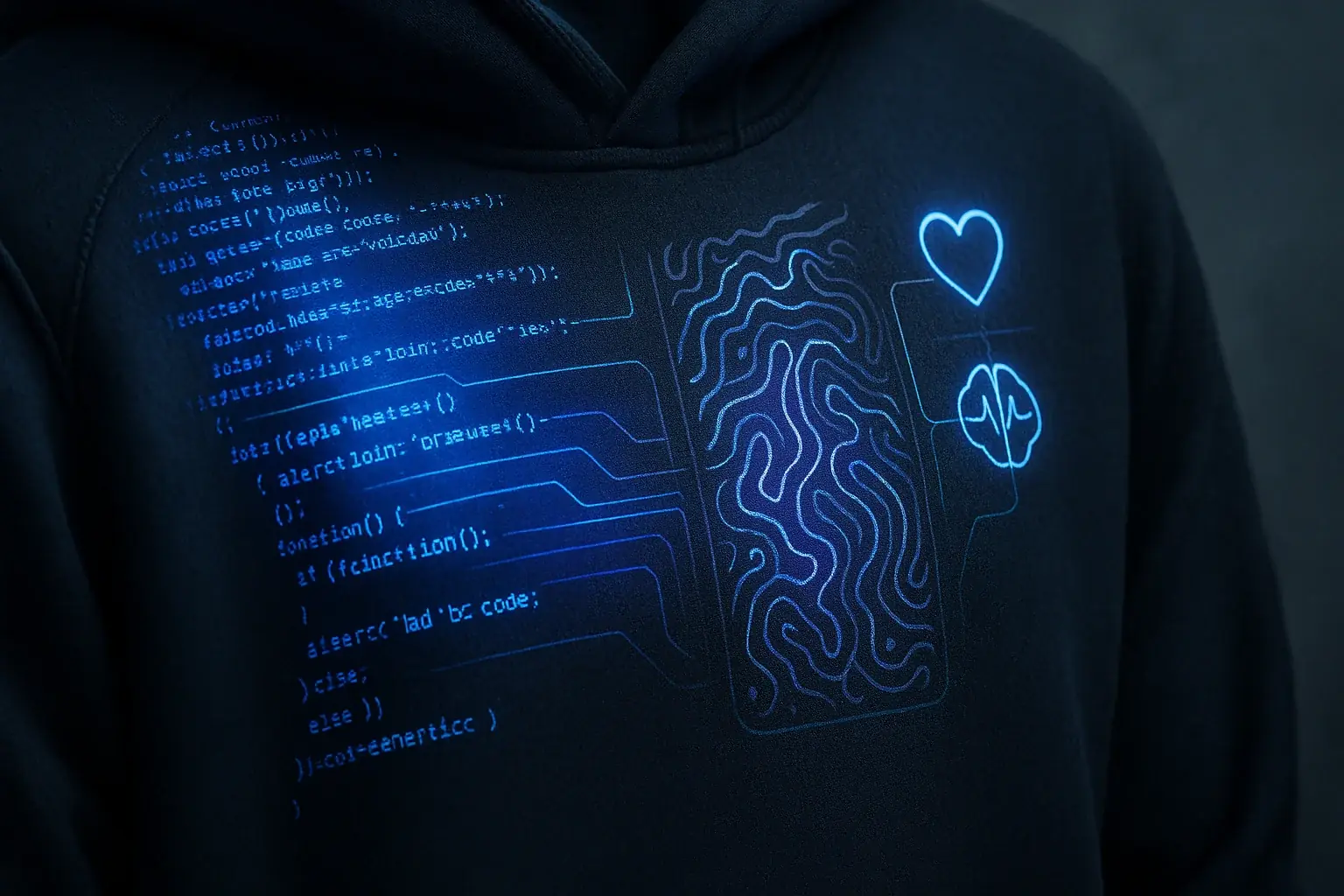 Code lines evolve into dynamic E-Ink on fabric; biometric sensors interface, symbolizing software-hardware fusion.