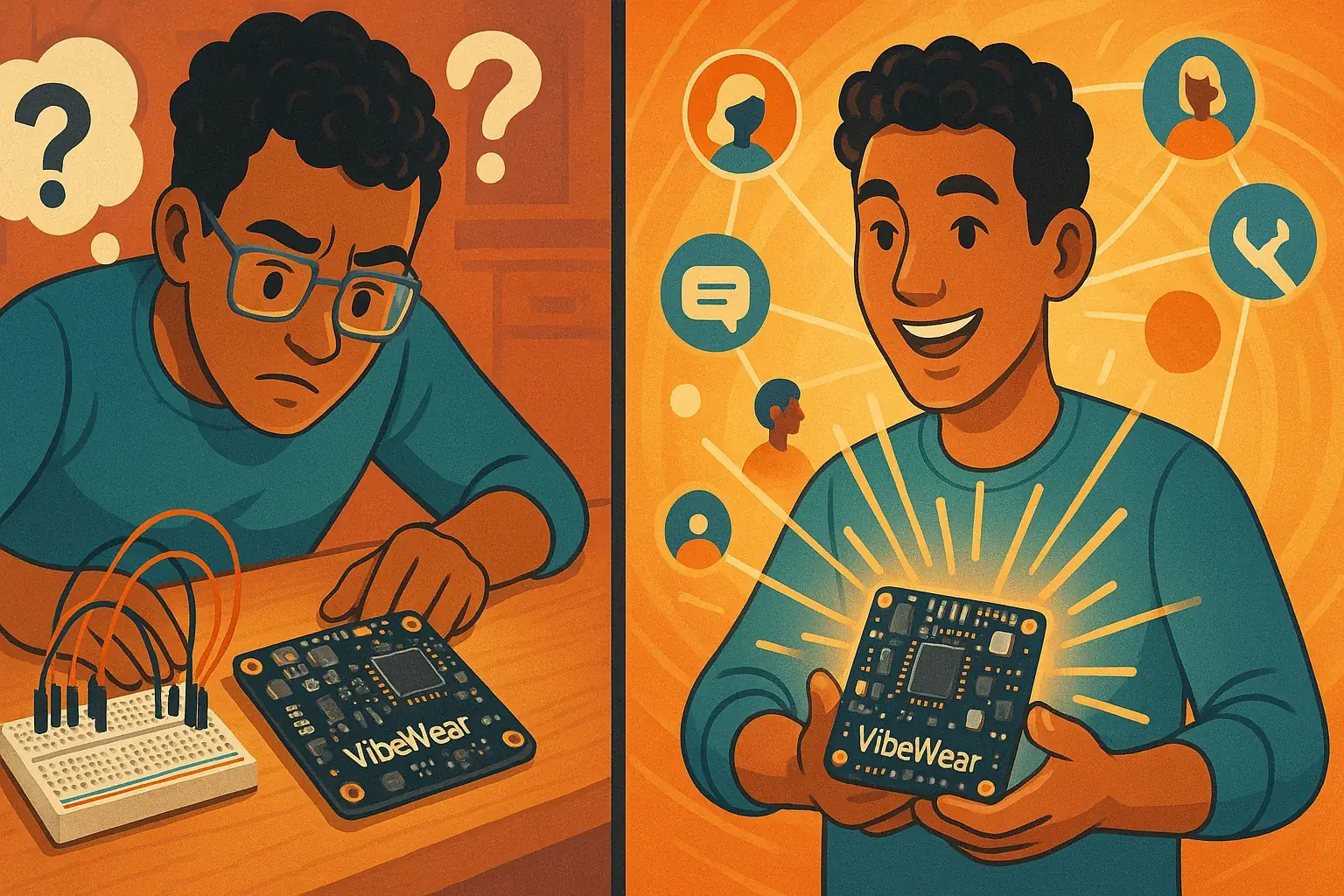 Stylized person with circuit challenge connects to maker community network for collaborative solutions.