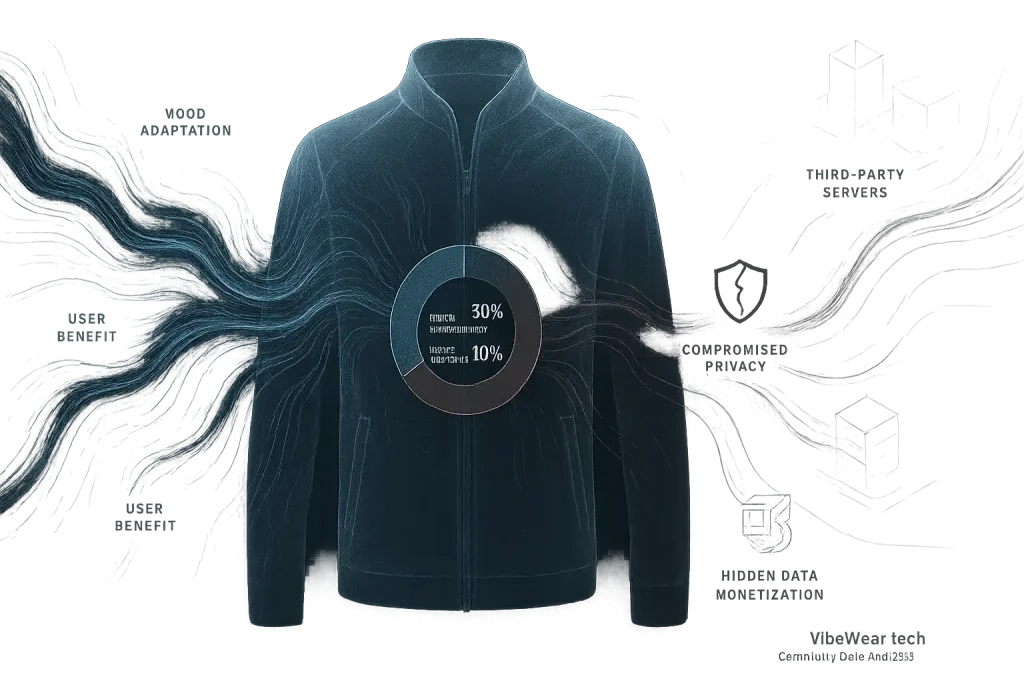 Futuristic garment, data streams, abstract symbols illustrate ethical dilemmas in fashion's unseen code.