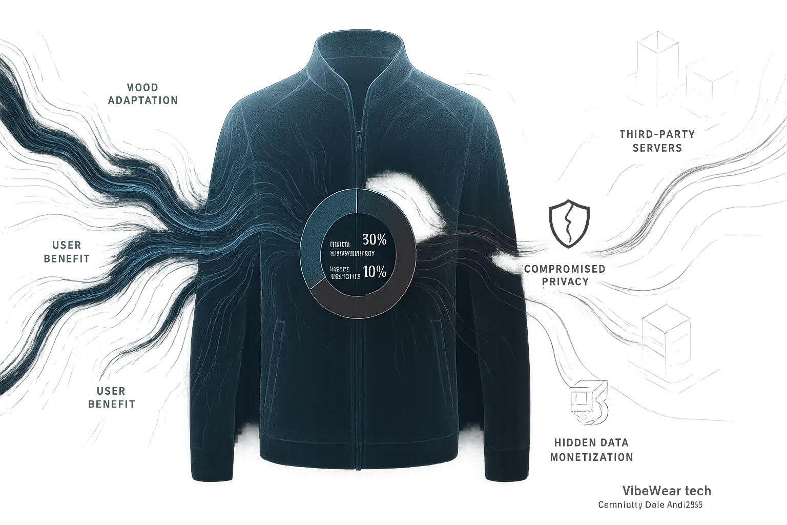 Futuristic garment, data streams, abstract symbols illustrate ethical dilemmas in fashion's unseen code.