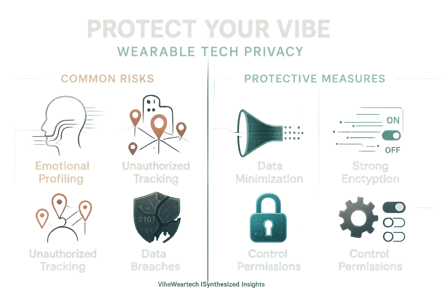 Infographic: Common wearable privacy risks (data breaches, tracking) and protective measures (strong passwords, app