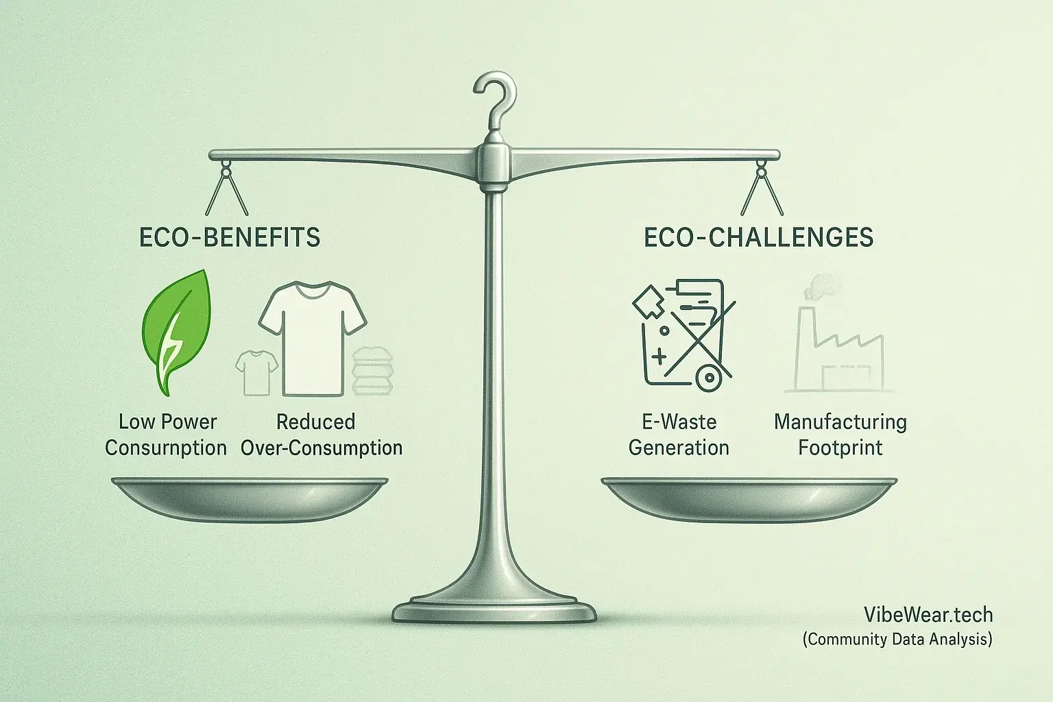 Balance scale weighs E-Ink apparel's sustainability: low power, less consumption vs e-waste, manufacturing.