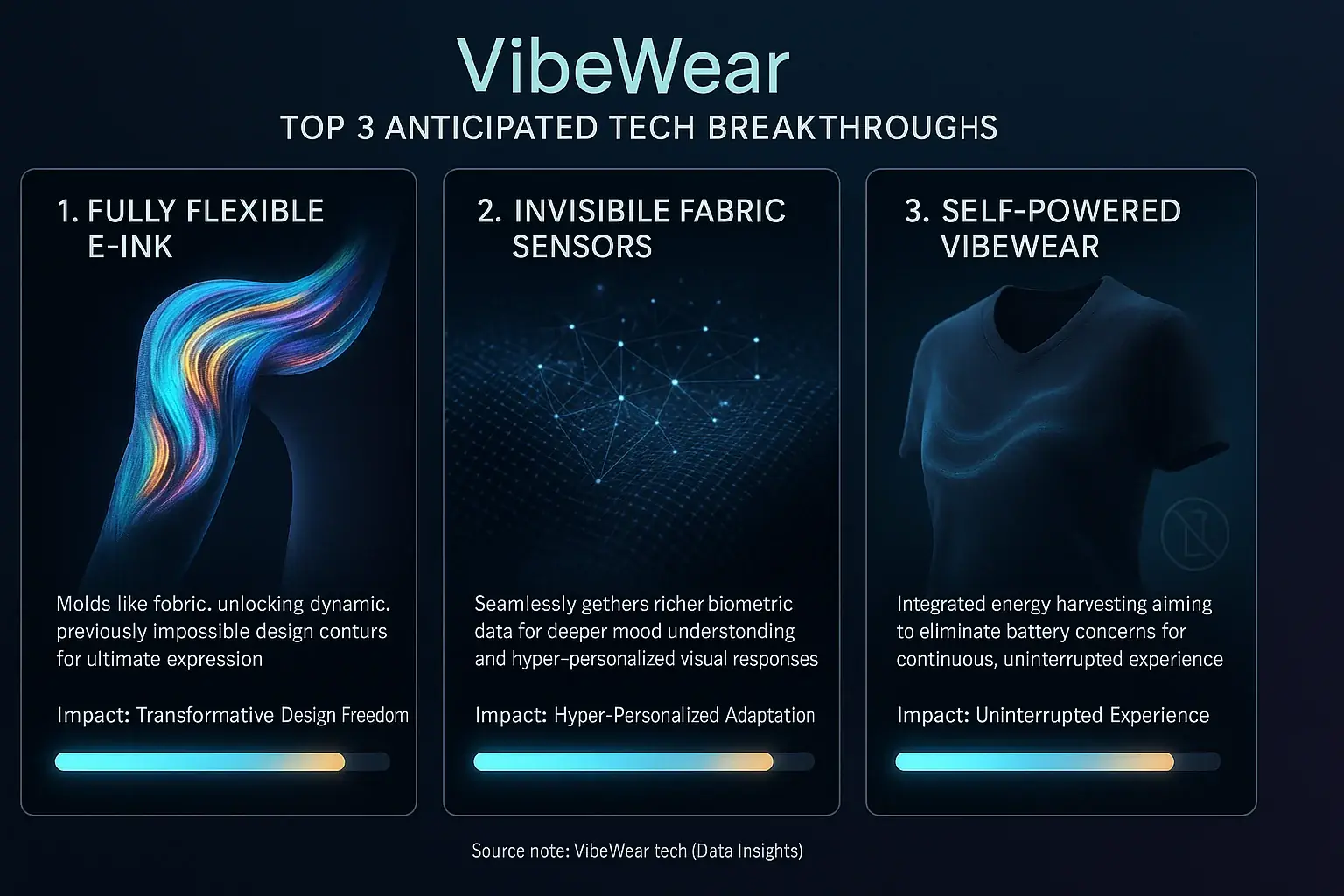 Infographic: VibeWear&#x27;s top 3 tech breakthroughs (flexible E-Ink, invisible sensors, self-healing displays) showing