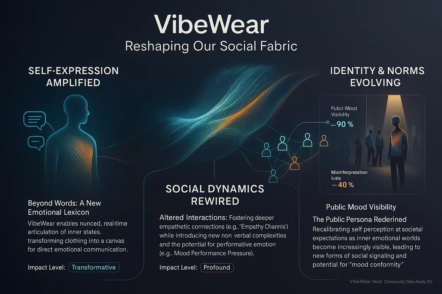 Infographic: VibeWear redefines self-expression, communication, identity, showing conceptual connections or impact levels.