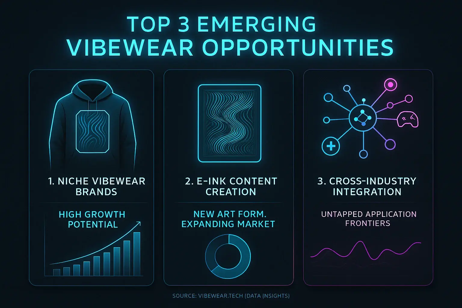 Infographic: VibeWear&#x27;s top 3 growth areas: niche brands, display content, ethical consulting, with market potential shown.