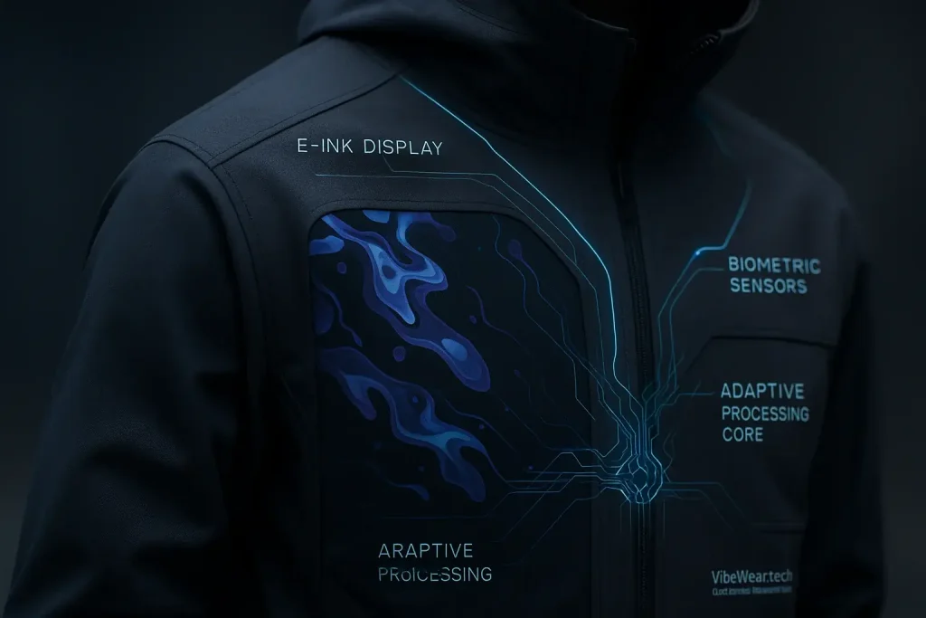 E-Ink & biometric sensors seamlessly integrated into stylish apparel, highlighting tech's role in adaptive fashion's future.