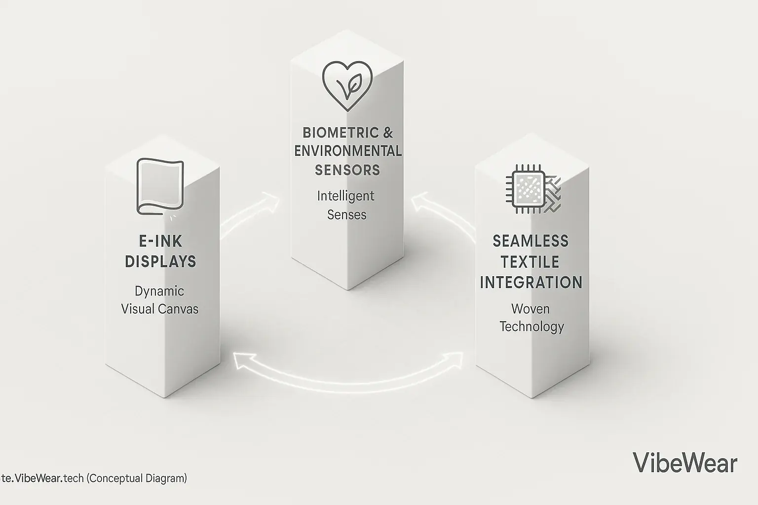VibeWear&#x27;s interconnected pillars: E-Ink, Biometric &amp; Environmental Sensors, and Integration, creating adaptive fashion.