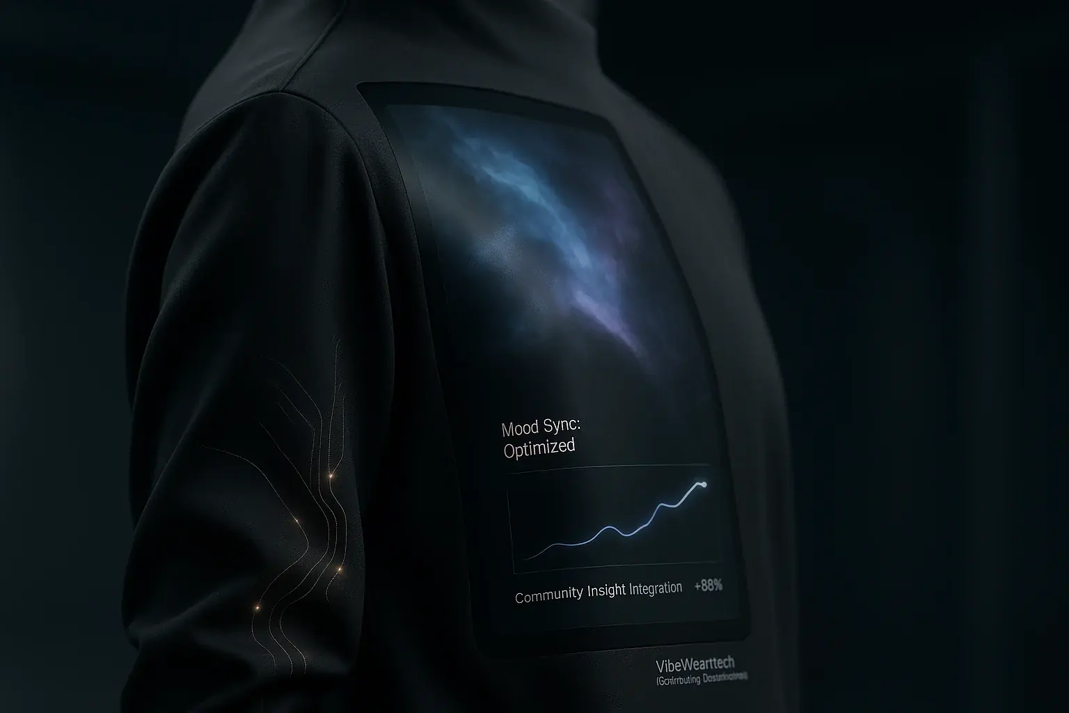 Futuristic garment: seamlessly integrated E-Ink, subtle glowing biometric sensors, previewing VibeWear&#x27;s advanced components.