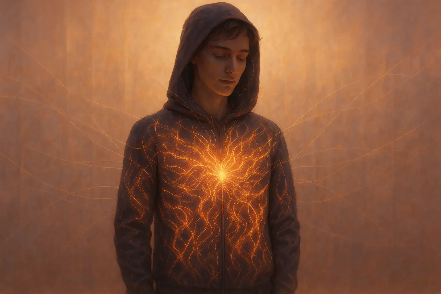Ethereal, warm abstract: interconnected figures in dynamic VibeWear, blending tech, emotion, social interaction.